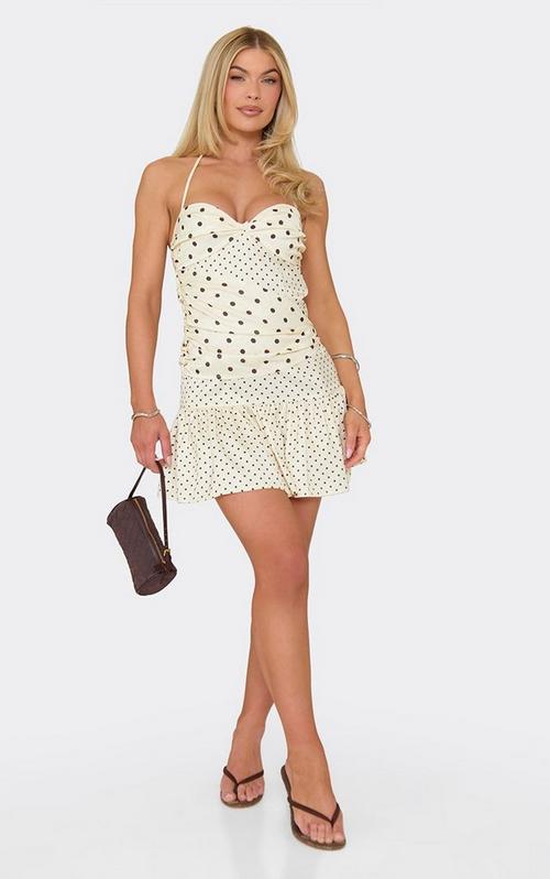 petite halterneck gold trim tiered mini dress Detail Drape Front In White | EGO US SpringSale25_30