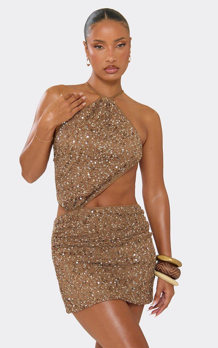 Sleeveless Cross Back Cut Out Mini Dress In Brown Sequin | EGO UK
