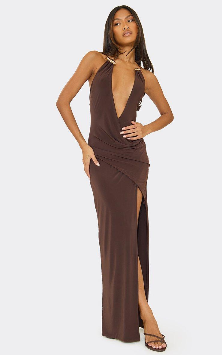 chocolate brown dress Plunge Ruched Side Split Detail Maxi In | EGO US Available in Chocolate Brown Metal Neck Trim Plunge Maxi