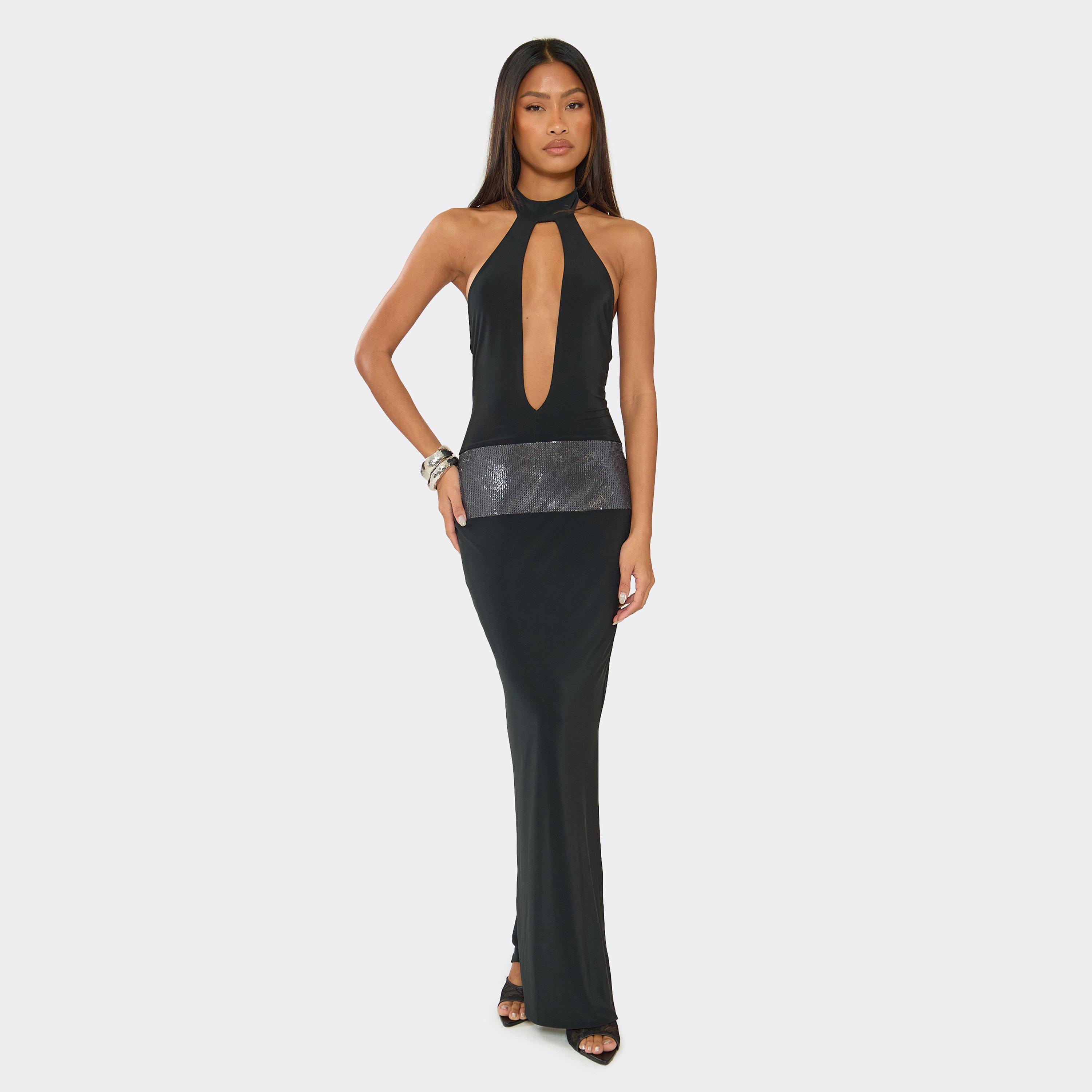 High Neck Sequin Panel Cut Out Split Leg Maxi Dress In Black, Women's Size UK 12