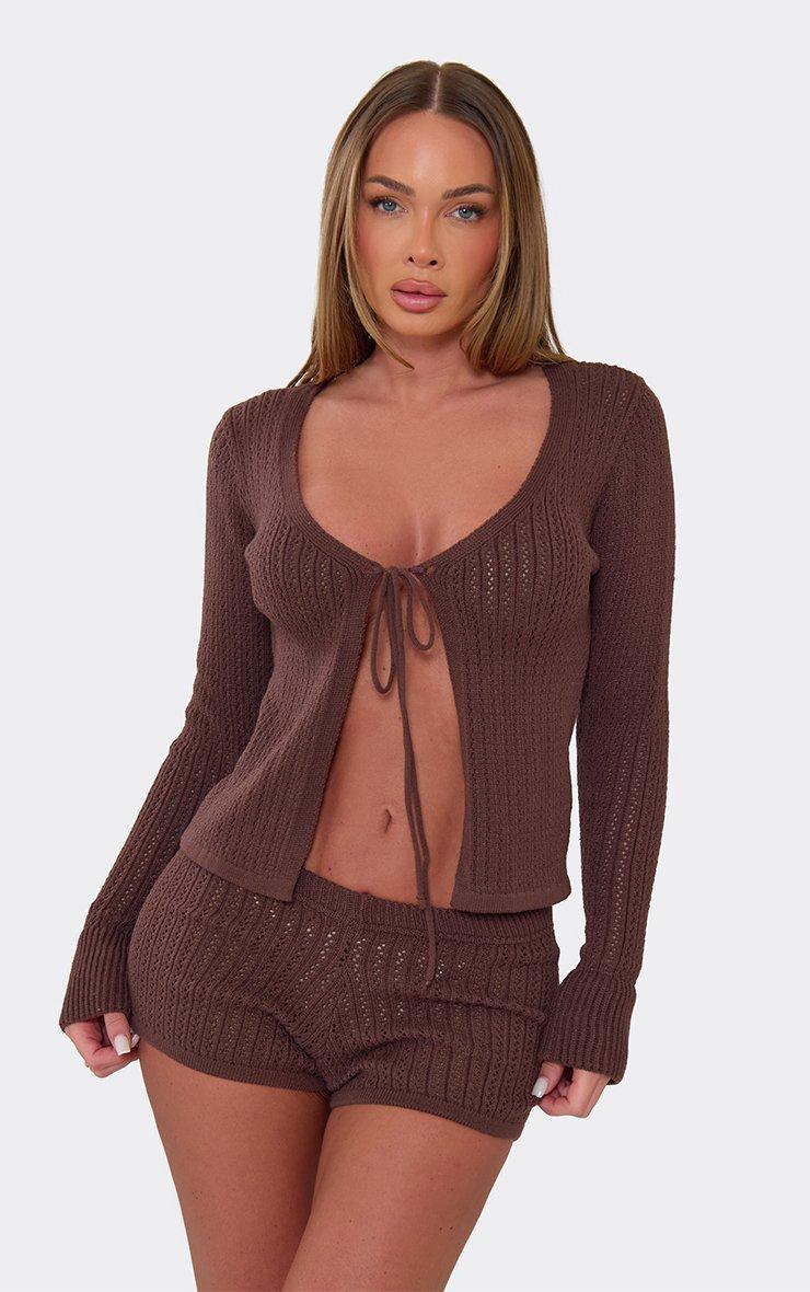 Long Sleeve Tie Front Top In Chocolate Brown Crochet Knit | EGO US