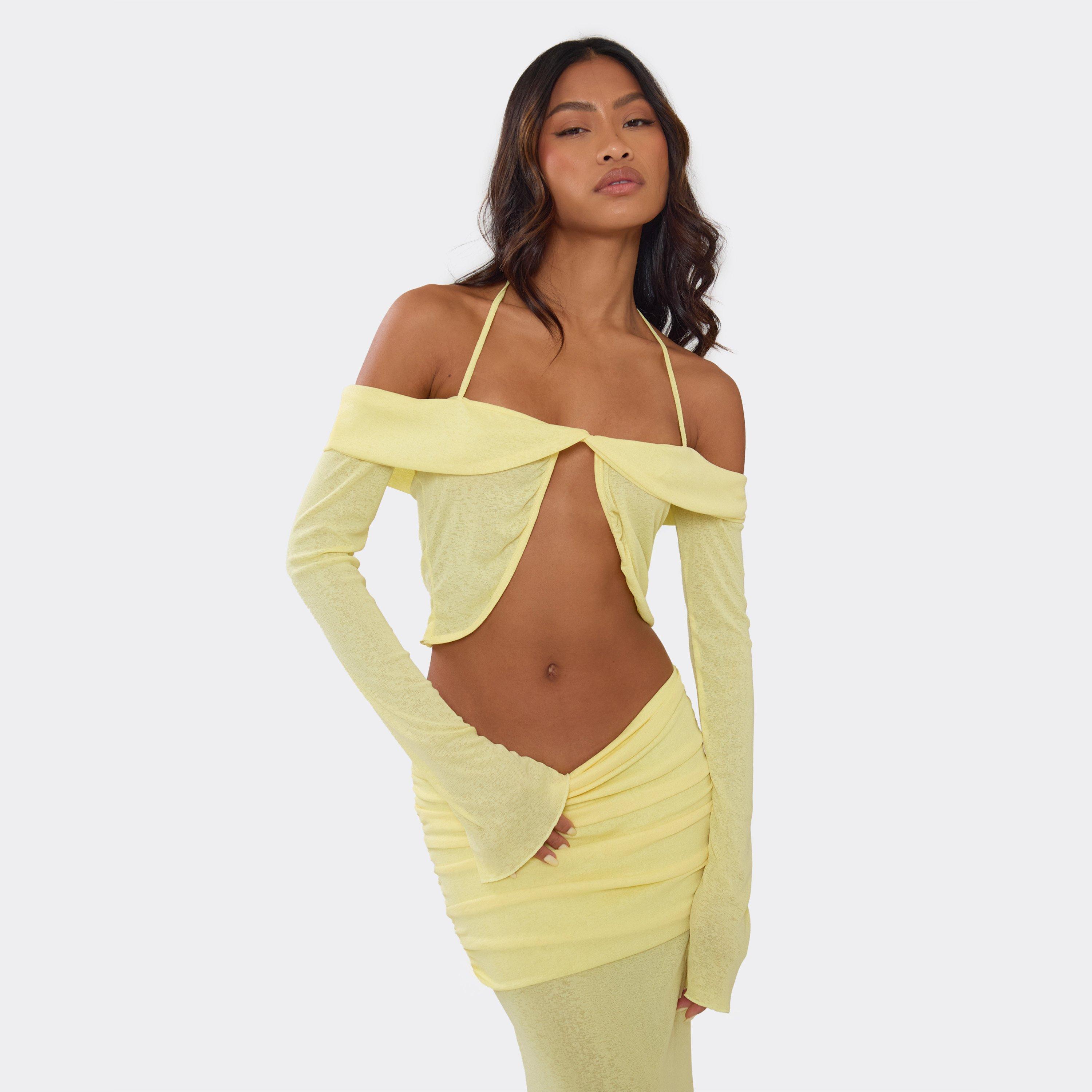 Long Sleeve Halterneck Knot Front Detail Crop Top In Lemon Yellow, Women's Size UK 12