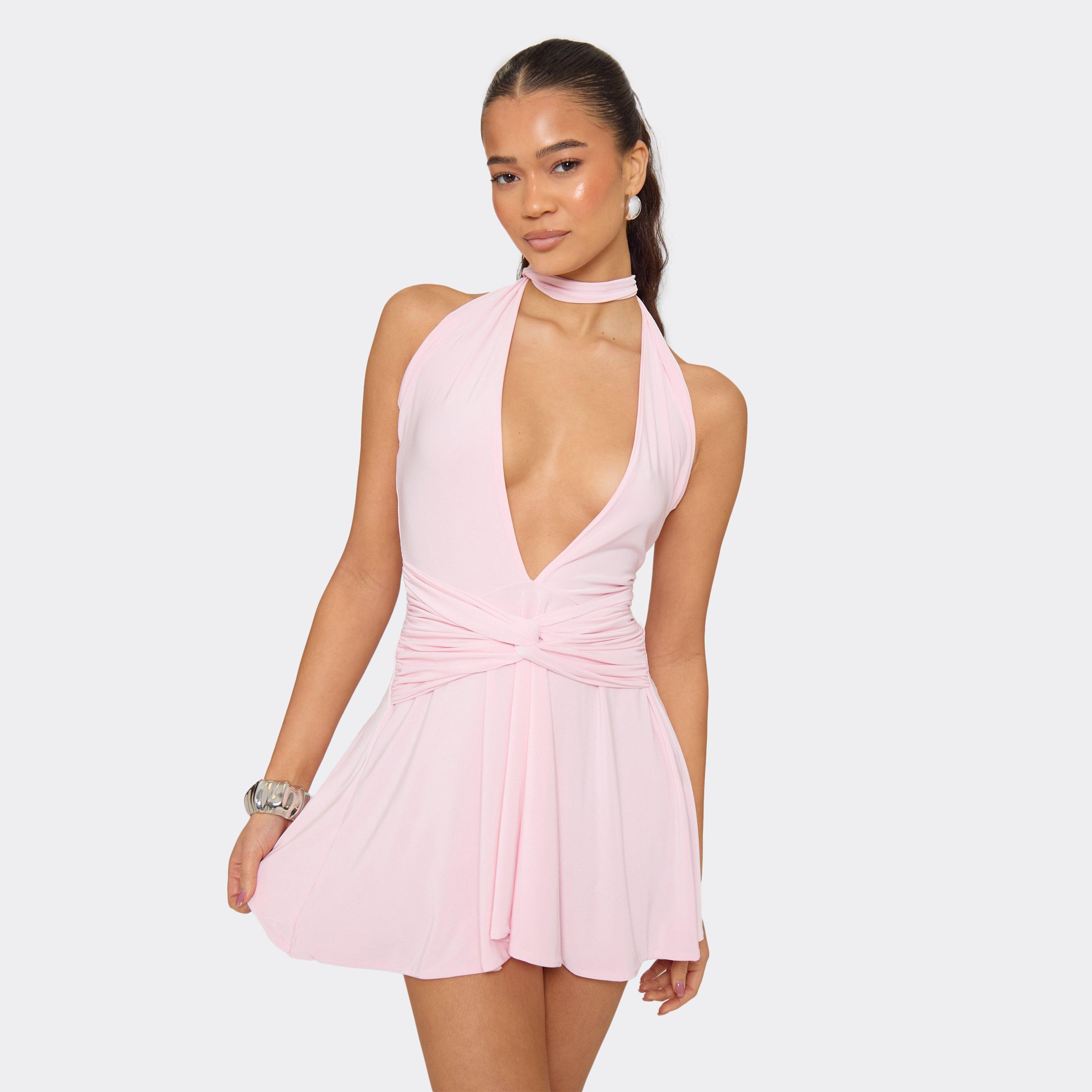 Plunge Front Scarf Knot Detail Mini Dress In Baby Pink, Women’s
