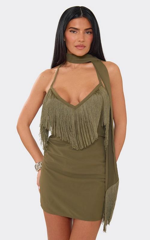 dark green plunge dress Deep Ruched Bum Maxi In Khaki Slinky | EGO US details:sequins