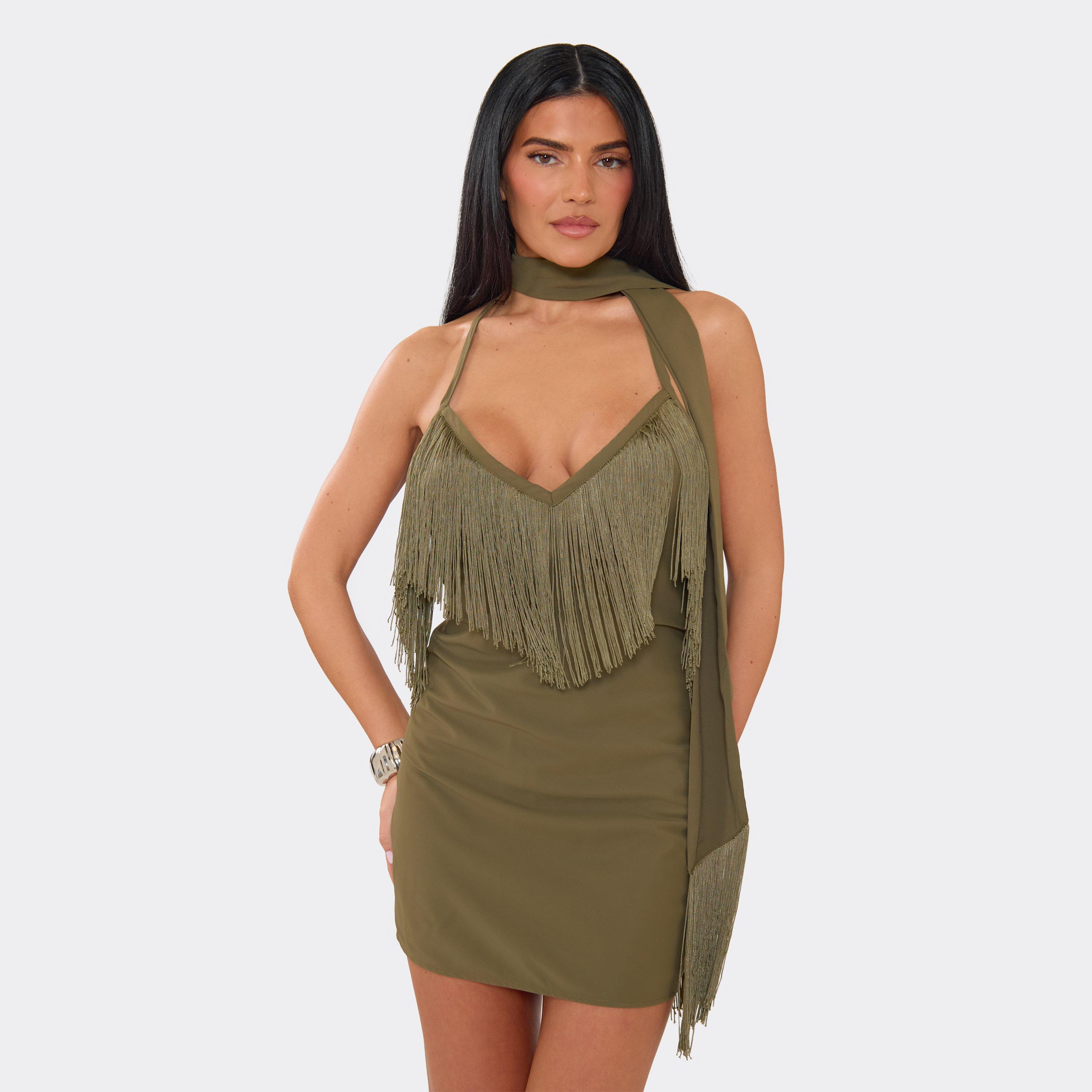 V Neck Tassel Scarf Detail Mini Dress In Khaki, Women's Size UK 8