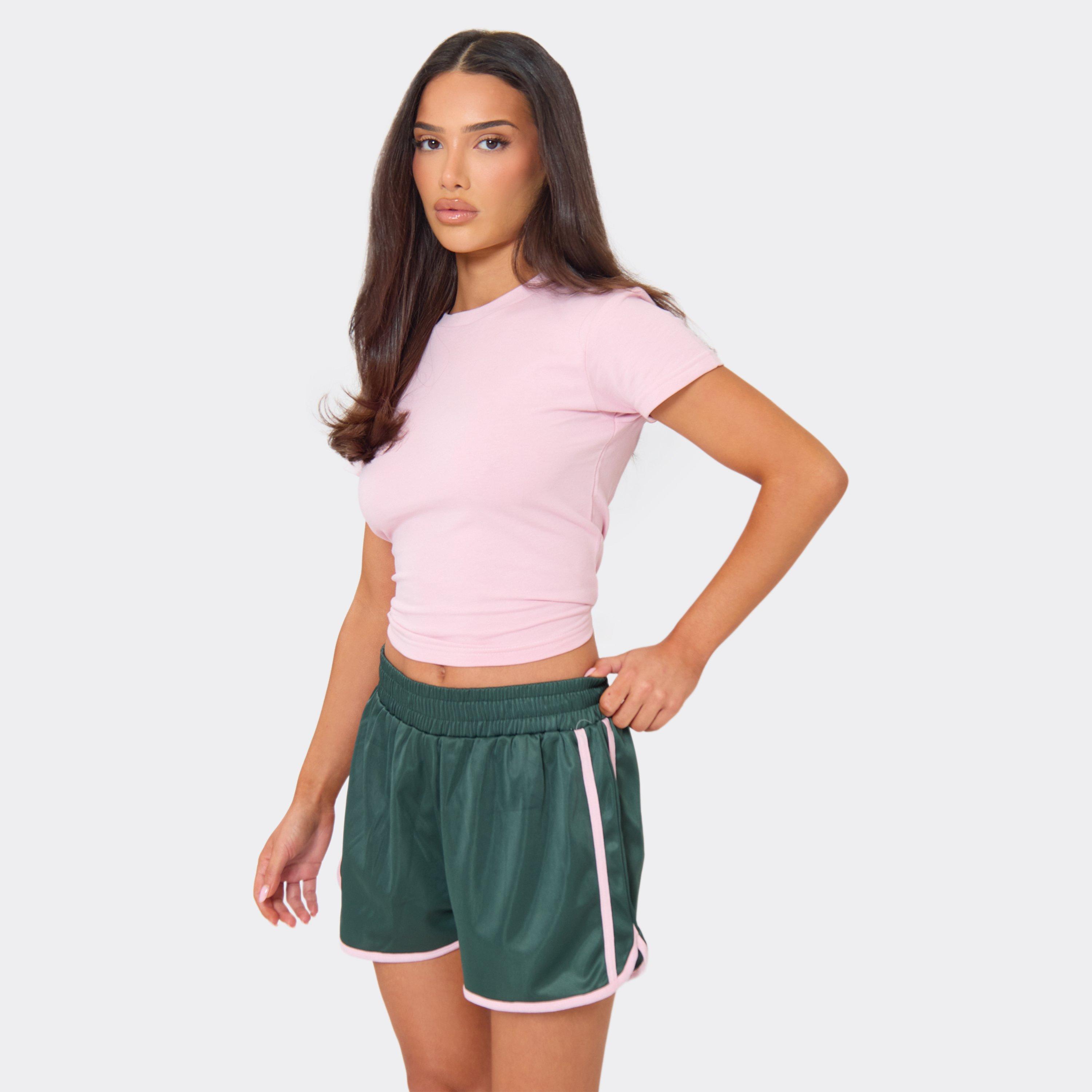 Mid Rise Elasticated Waist Contrast Tricot Side Stripe Shorts In Green, Women's Size UK 14