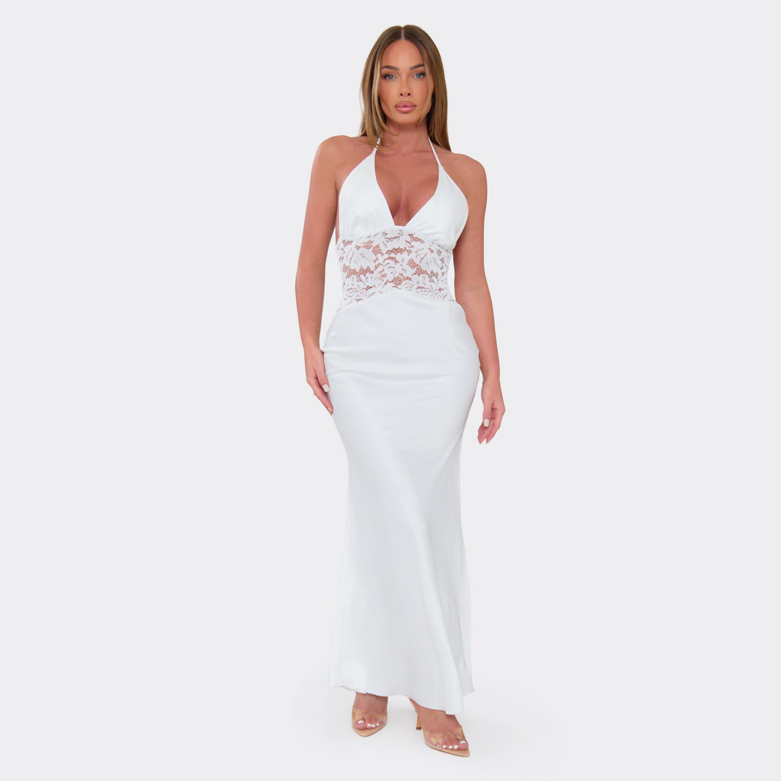 Halterneck Plunge Front Contrast Lace Panel Maxi Dress In Ivory Satin, Women's Size UK 6