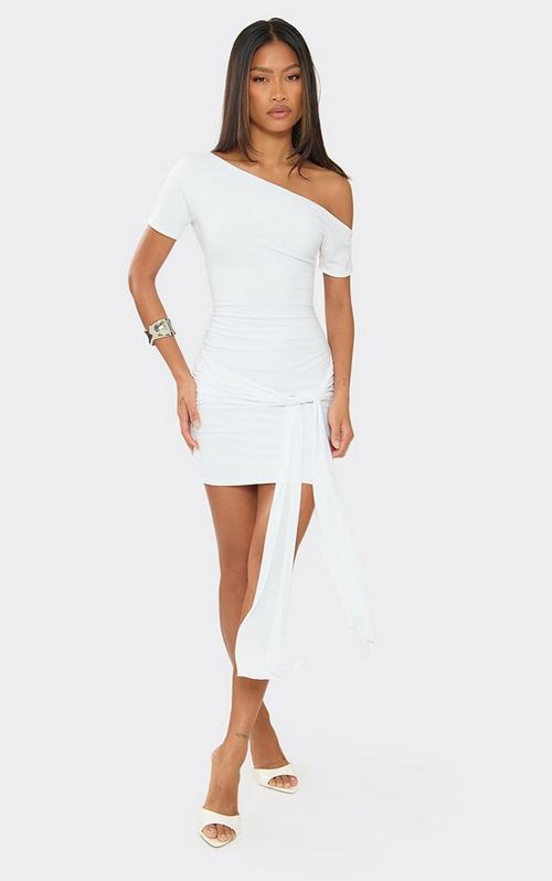 One Shoulder Lace Up Detail Mini Bodycon Dress In Cream Ribbed Knit | EGO AU