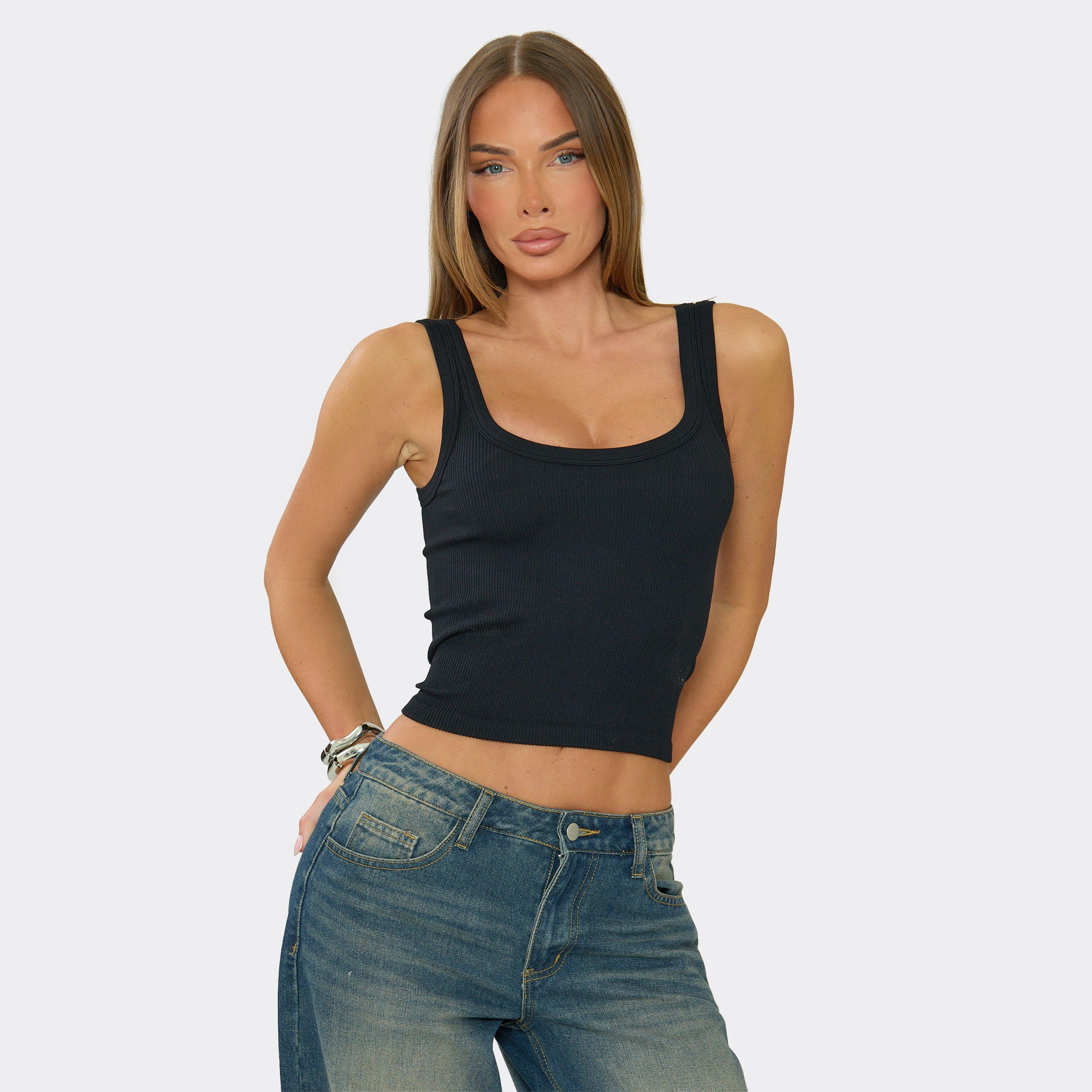Scoop Neck Contour Vest Top In Black Ribbed, Women's Size US L