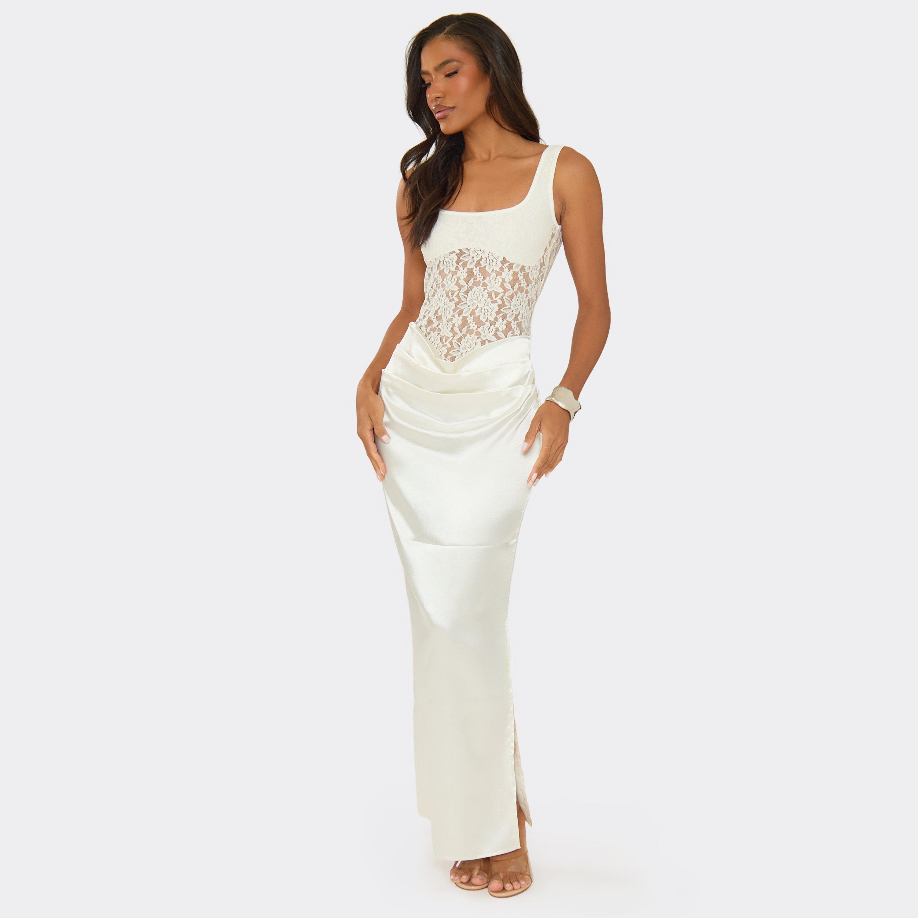 Sleeveless Lace Panel Draped Maxi Dress In Cream Satin, Women's Size UK 4