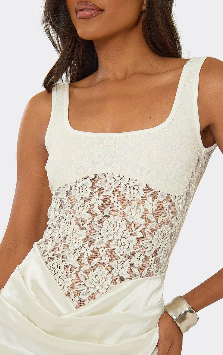 Sleeveless Lace Panel Draped Maxi Dress In Cream Satin | EGO EU | EGO