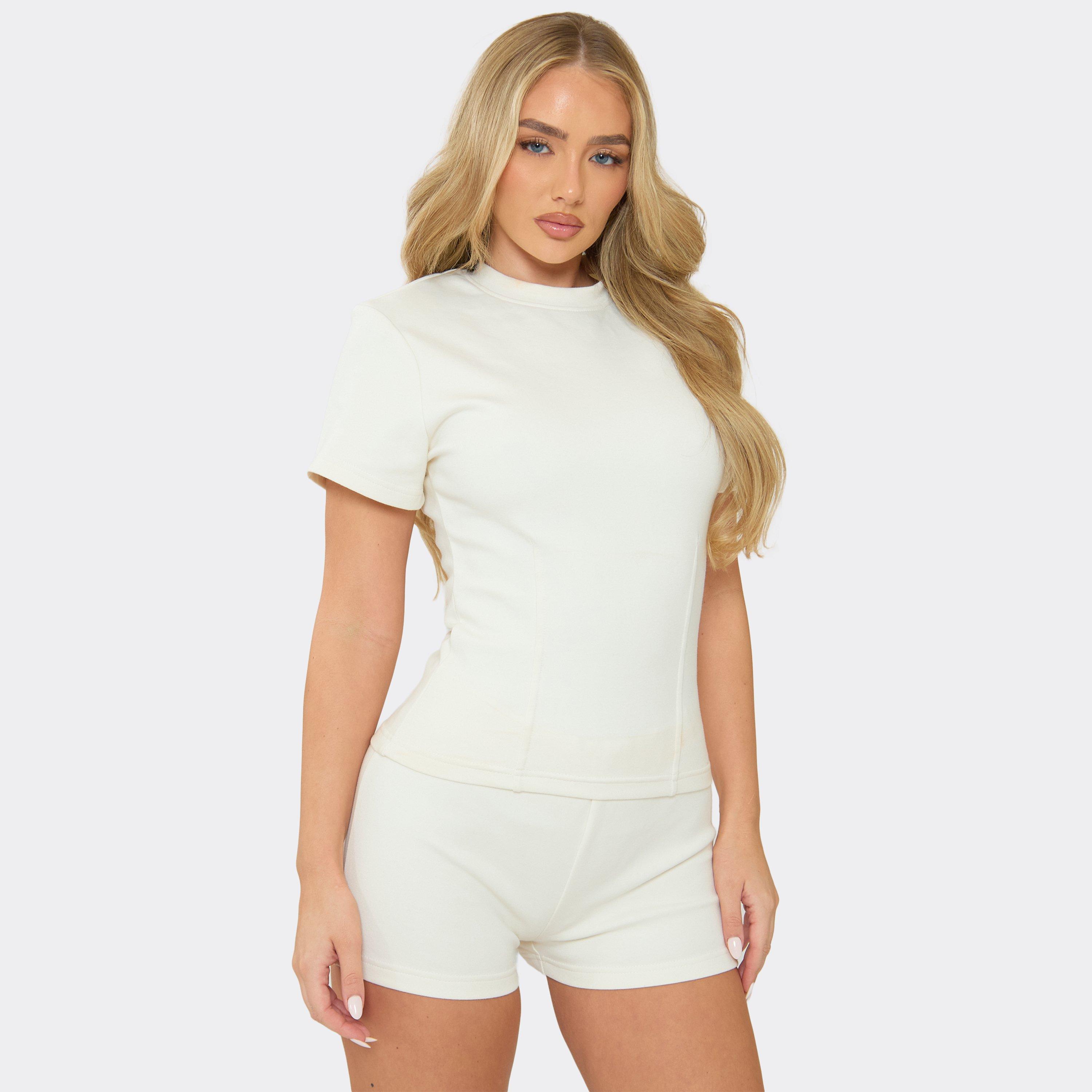 Image of Short Sleeve Shoulder Pad Seam Detail Cinched Waist Top In Cream Interlock, Women's