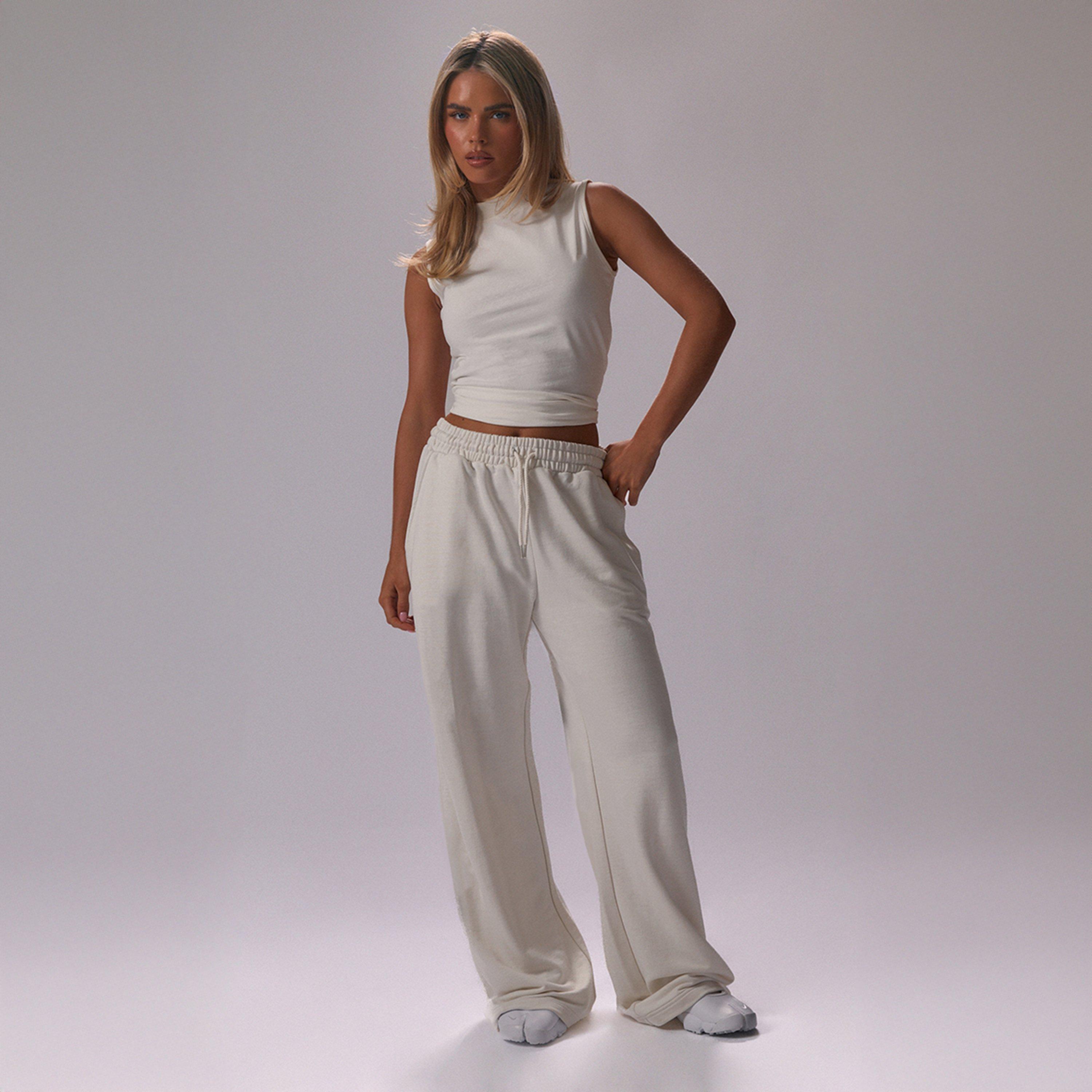 Low Rise Drawstring Waist Wide Leg Joggers In White, Women’s