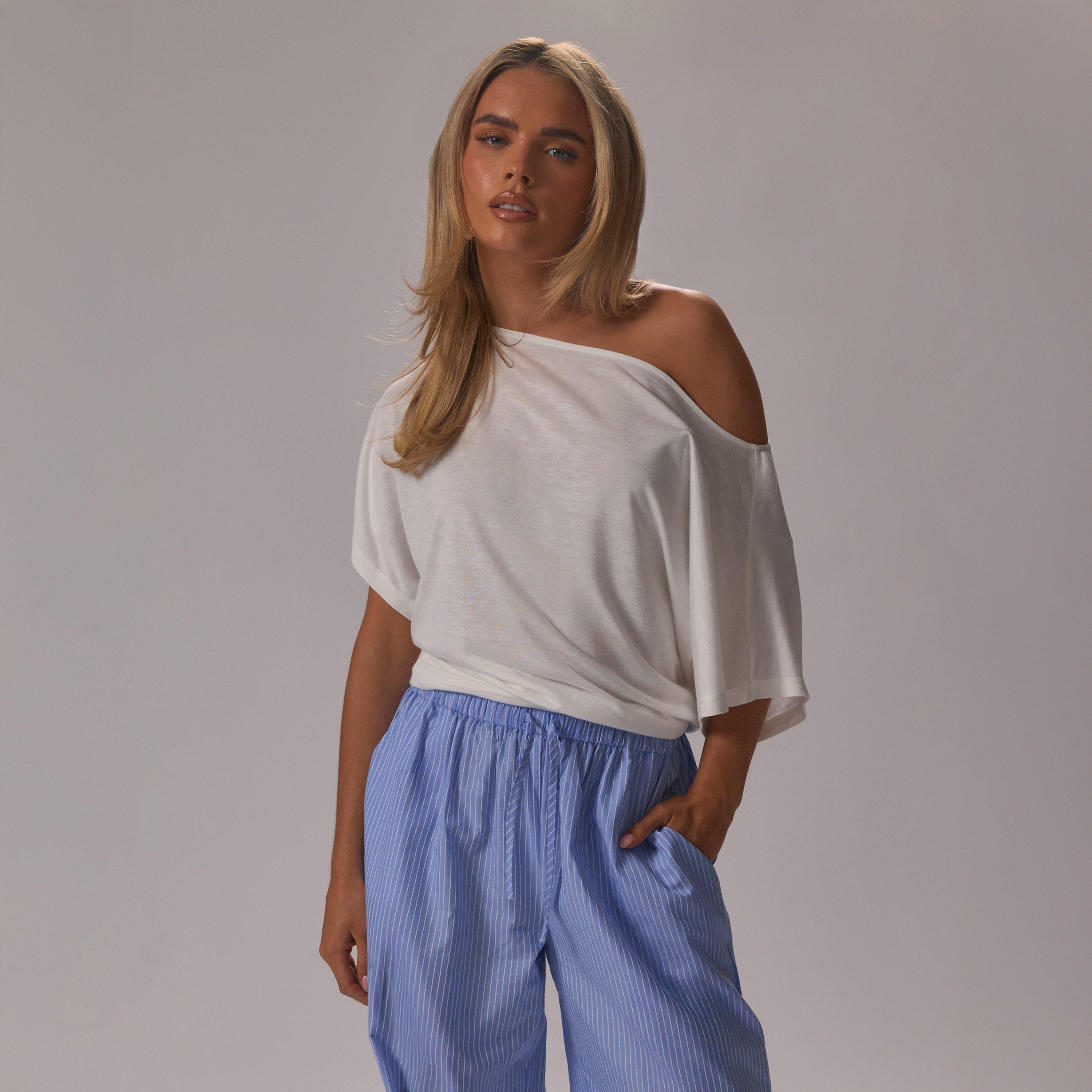 Image of Short Sleeve Off The Shoulder Draped Top In White Modal Jersey, Women's