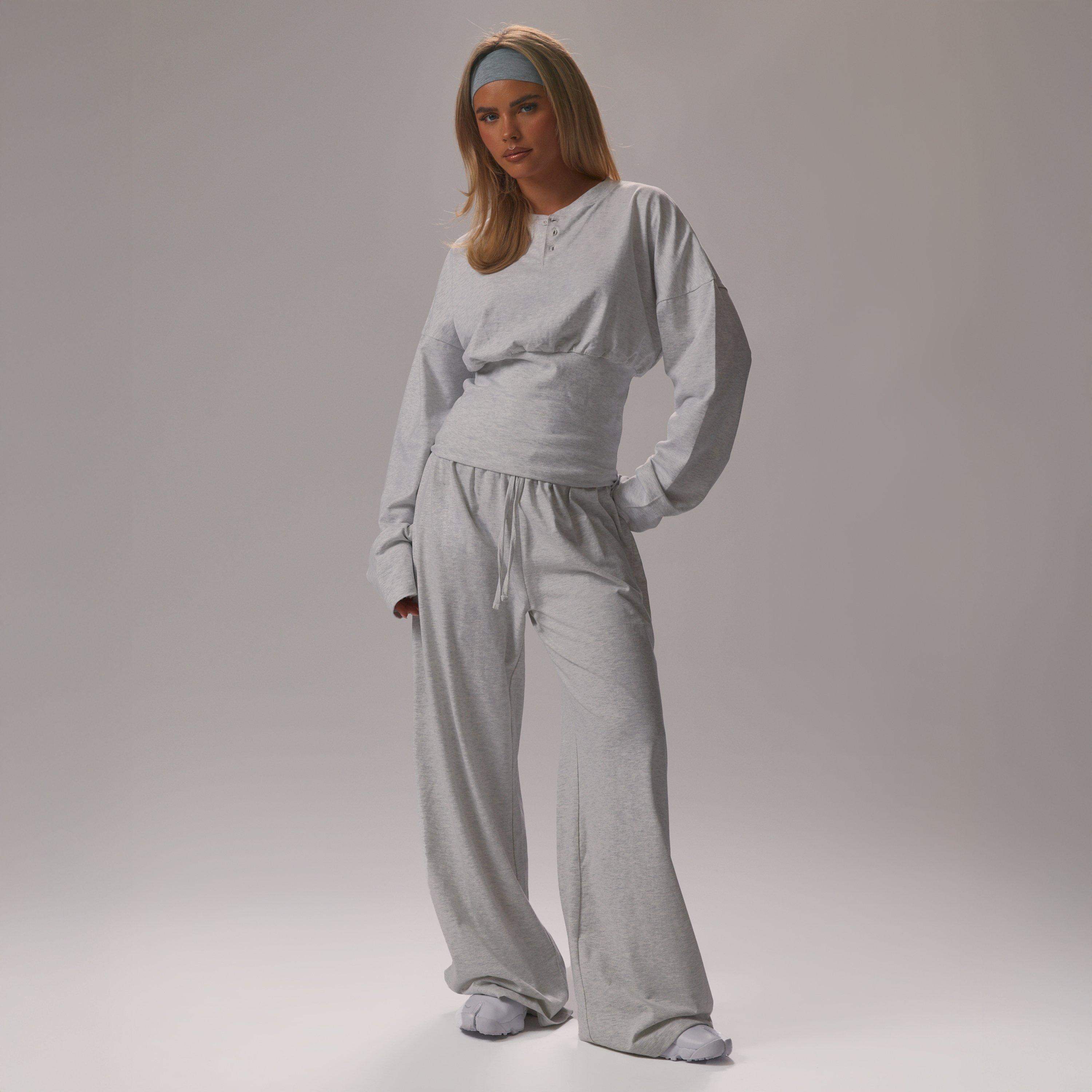 Image of Long Sleeve Button Detail Cinched Waist Top In Light Grey Marl, Women's