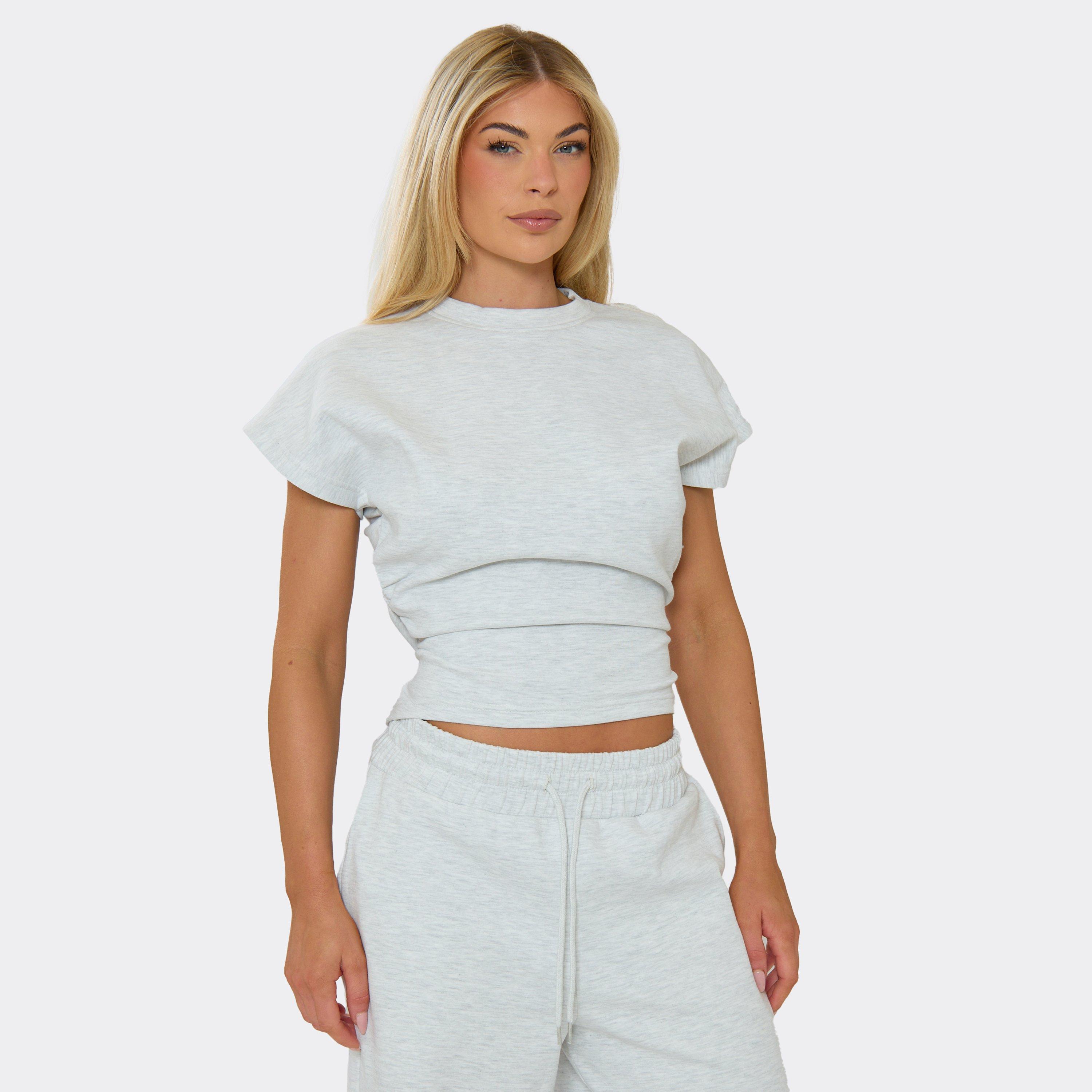 Short Sleeve Ruched Waist Top In Grey Marl Interlock, Women's Size UK 8