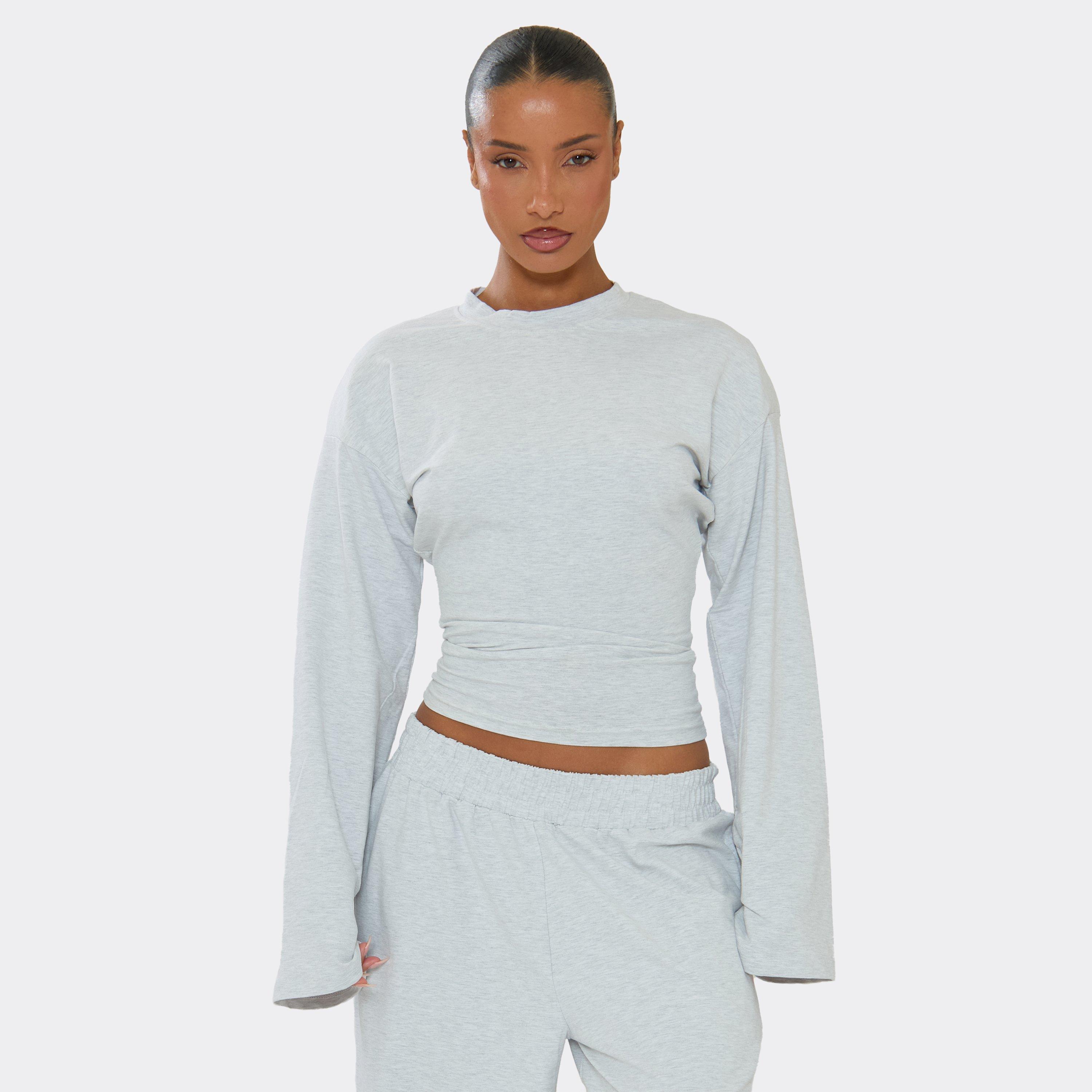 Image of Wide Sleeve Cinched Waist Detail Sweatshirt In Grey Marl, Women's