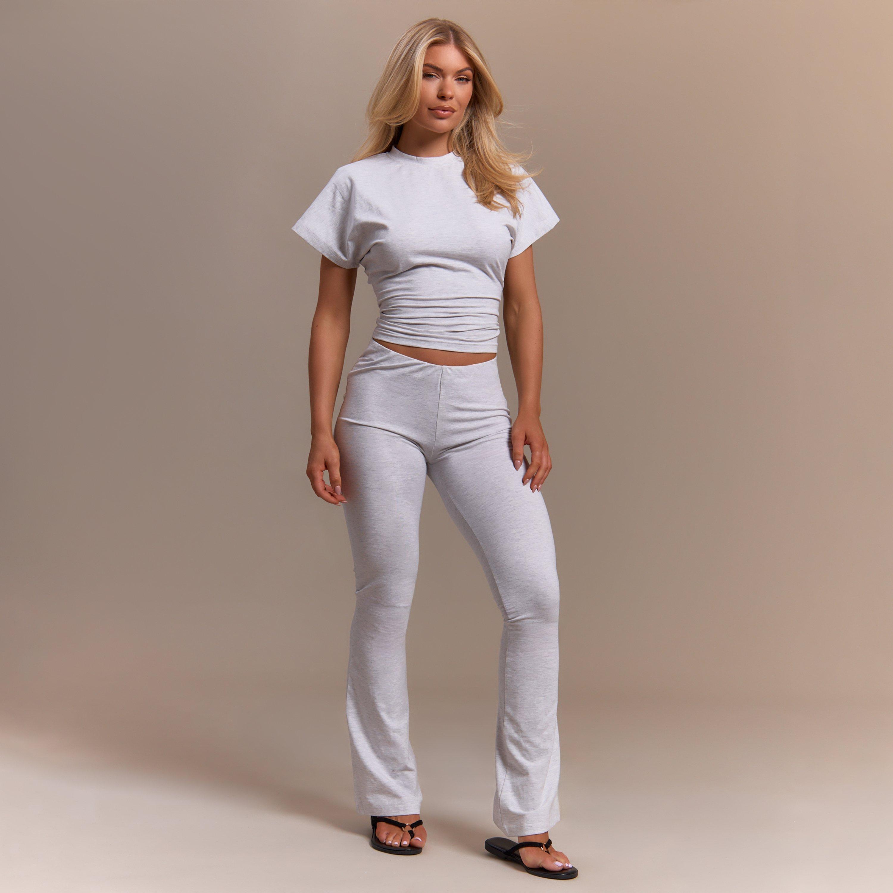 Low Rise Ruched Back Detail Flared Leg Trousers In Light Grey Marl, Women's Size UK 10
