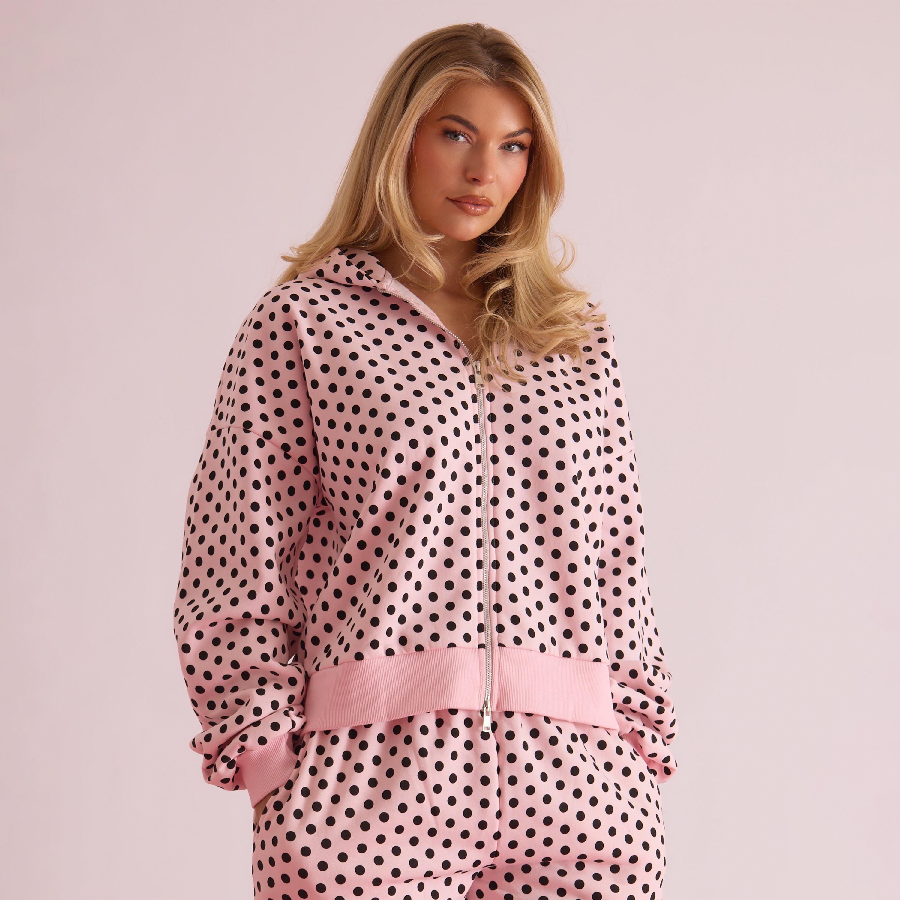 Long Sleeve Zip Up Hoodie In Contrast Pink Polka Dot, Women’s