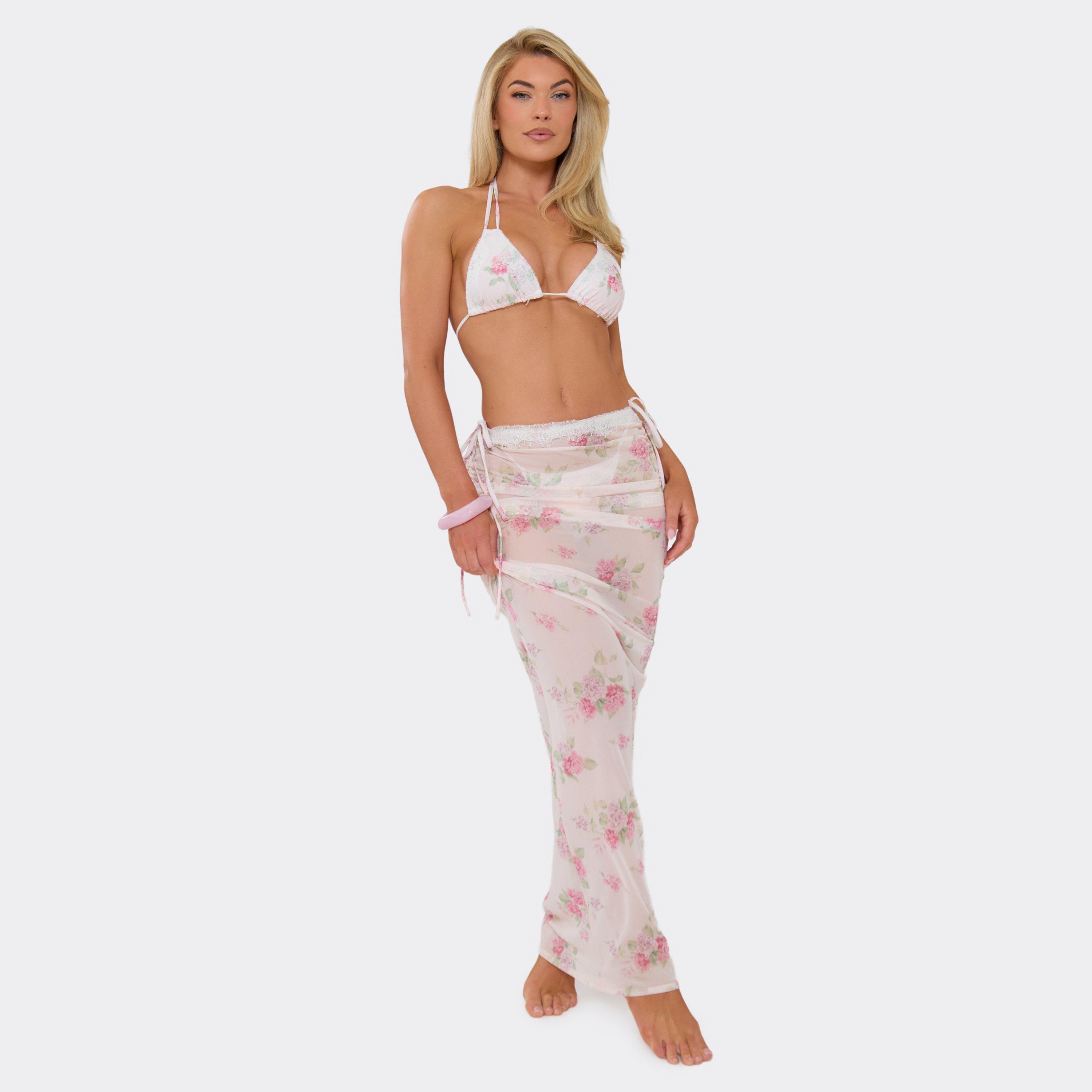 Low Waist Contrast Lace Trim Ruched Side Beach Maxi Skirt In Pink Floral, Women's Size UK 8