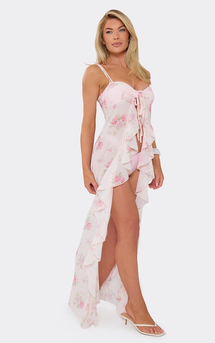 Double Strap Frill Detail Tie Front Beach Cover Up In Pink Floral | EGO US  | EGO