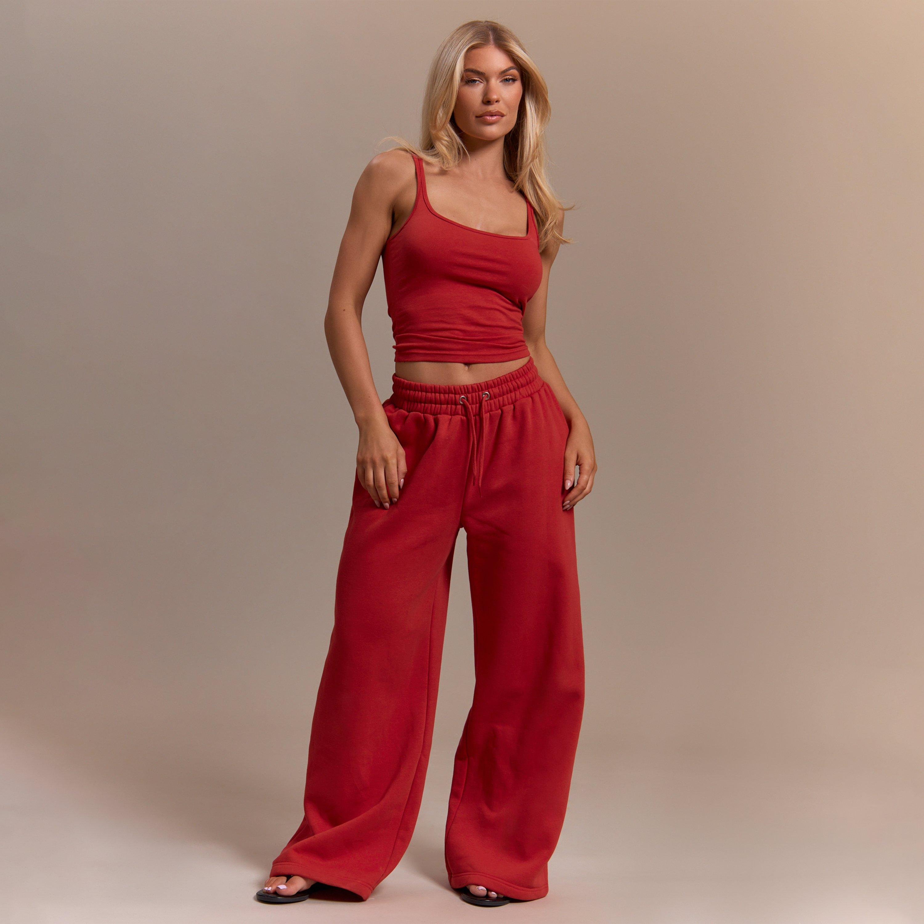 Low Rise Drawstring Waist Pocket Detail Wide Leg Joggers In Red, Women's Size UK 6