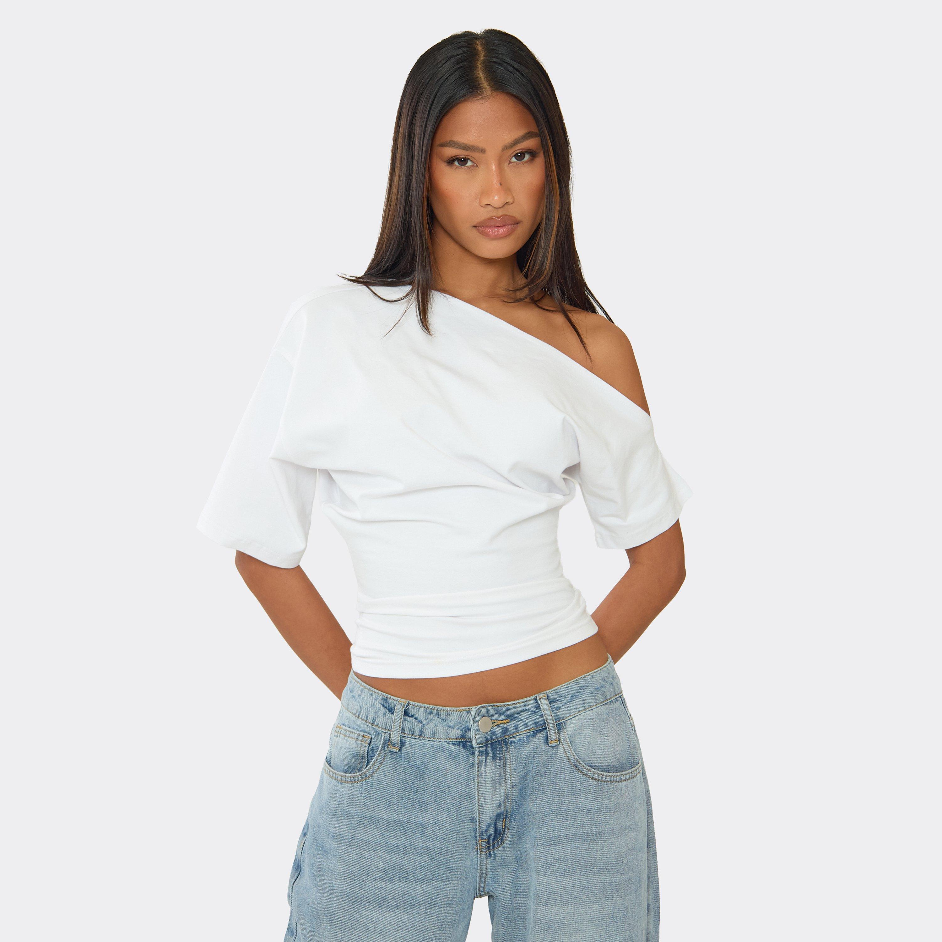 Image of One Shoulder Cinched Waist Detail T-Shirt In White, Women's