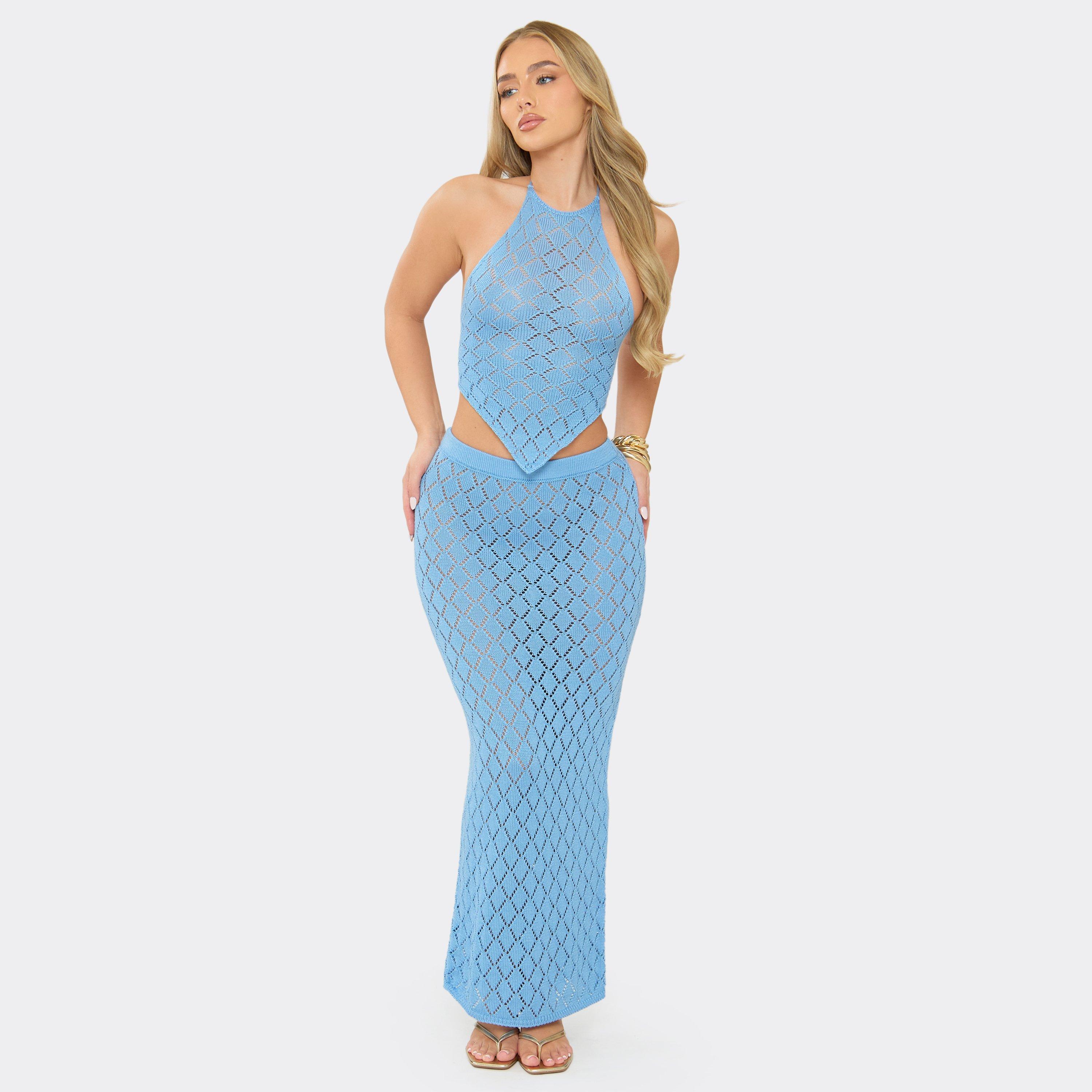 Low Rise Maxi Skirt In Blue Crochet Knit, Women's Size UK L