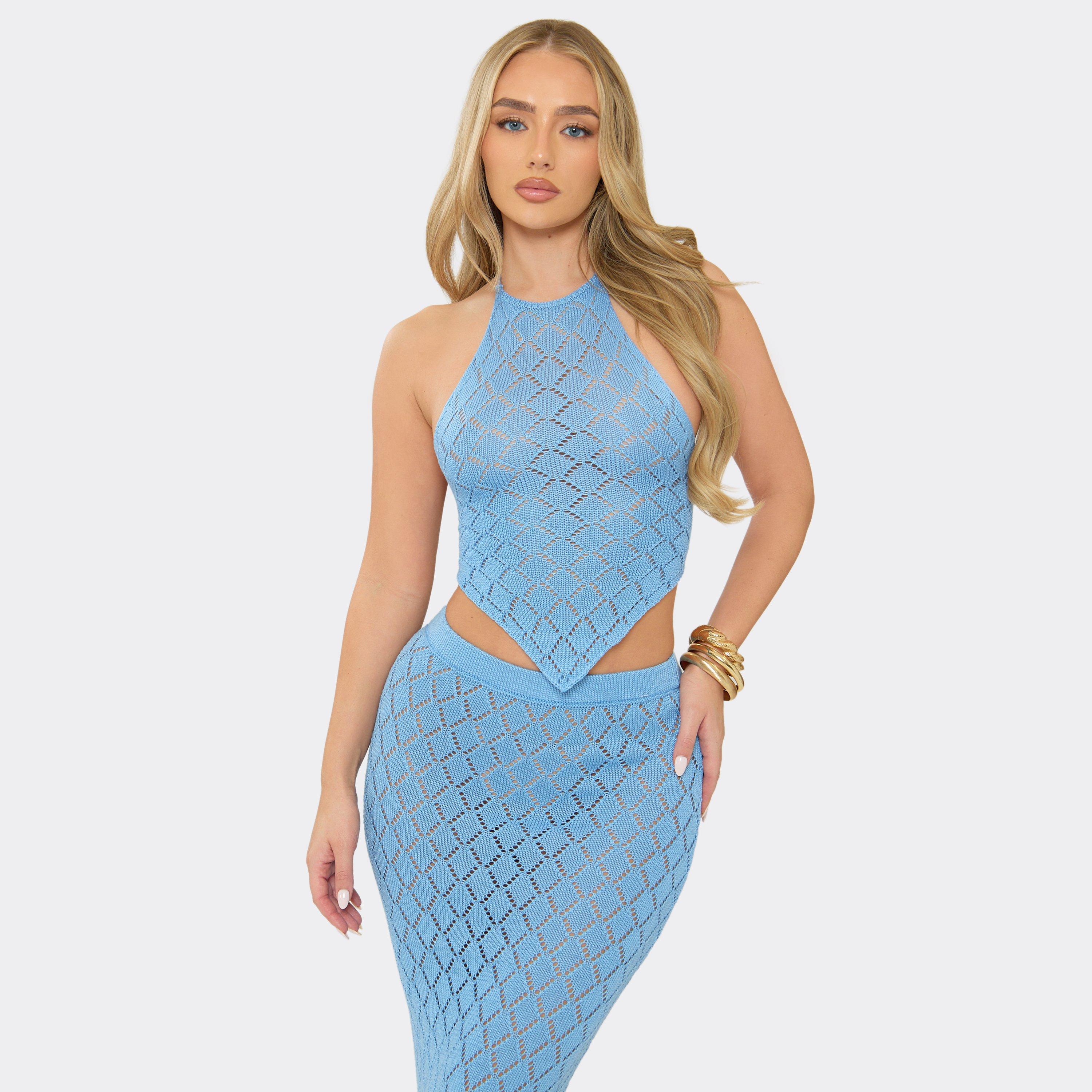 Image of Halterneck Tie Back Pointed Hem Top In Blue Crochet Knit, Women's Size UK L