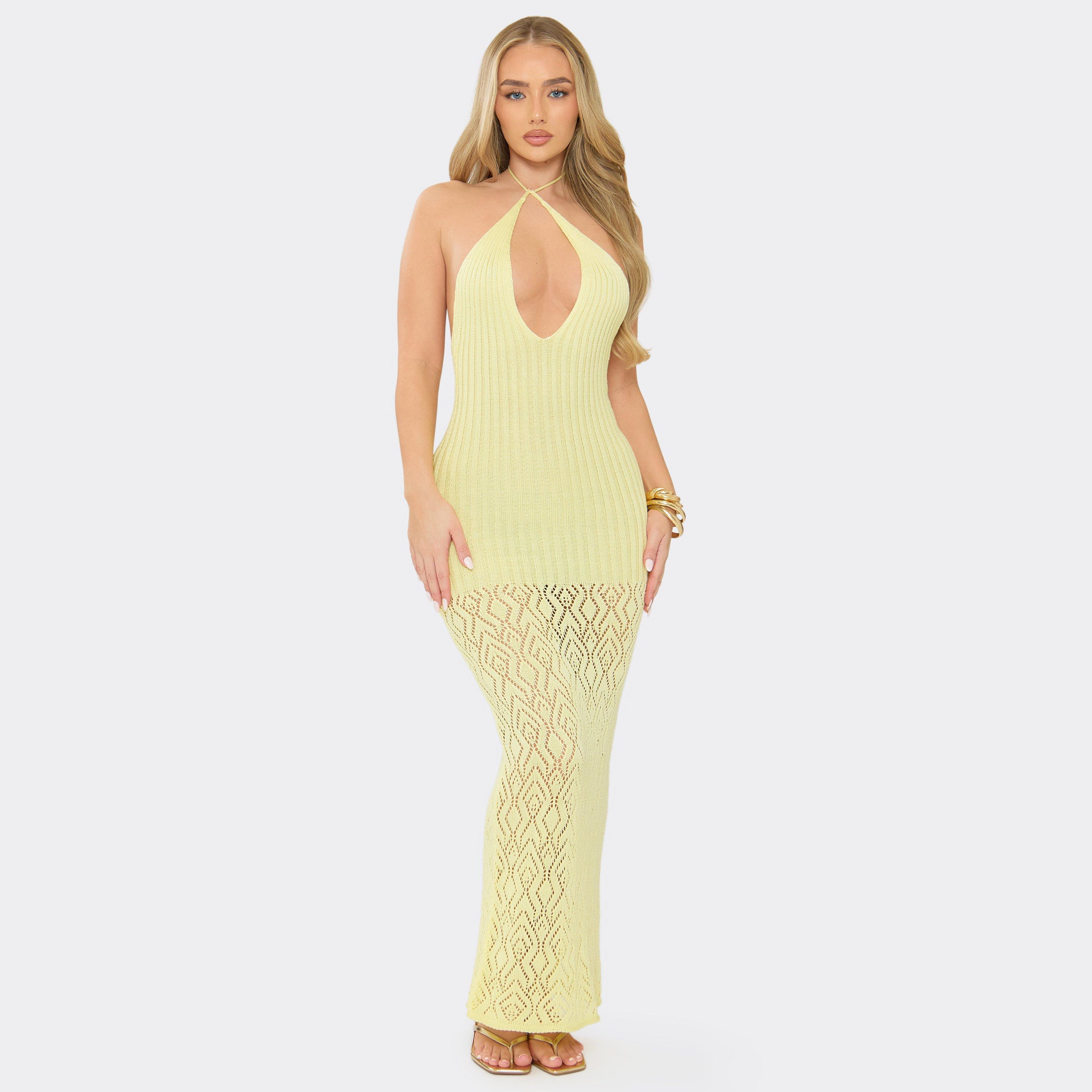 Halterneck Keyhole Cut Out Maxi Dress In Butter Yellow Crochet Knit, Women’s