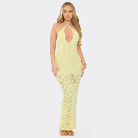 Halterneck Keyhole Cut Out Maxi Dress In Butter Yellow Crochet Knit, Women's Size US