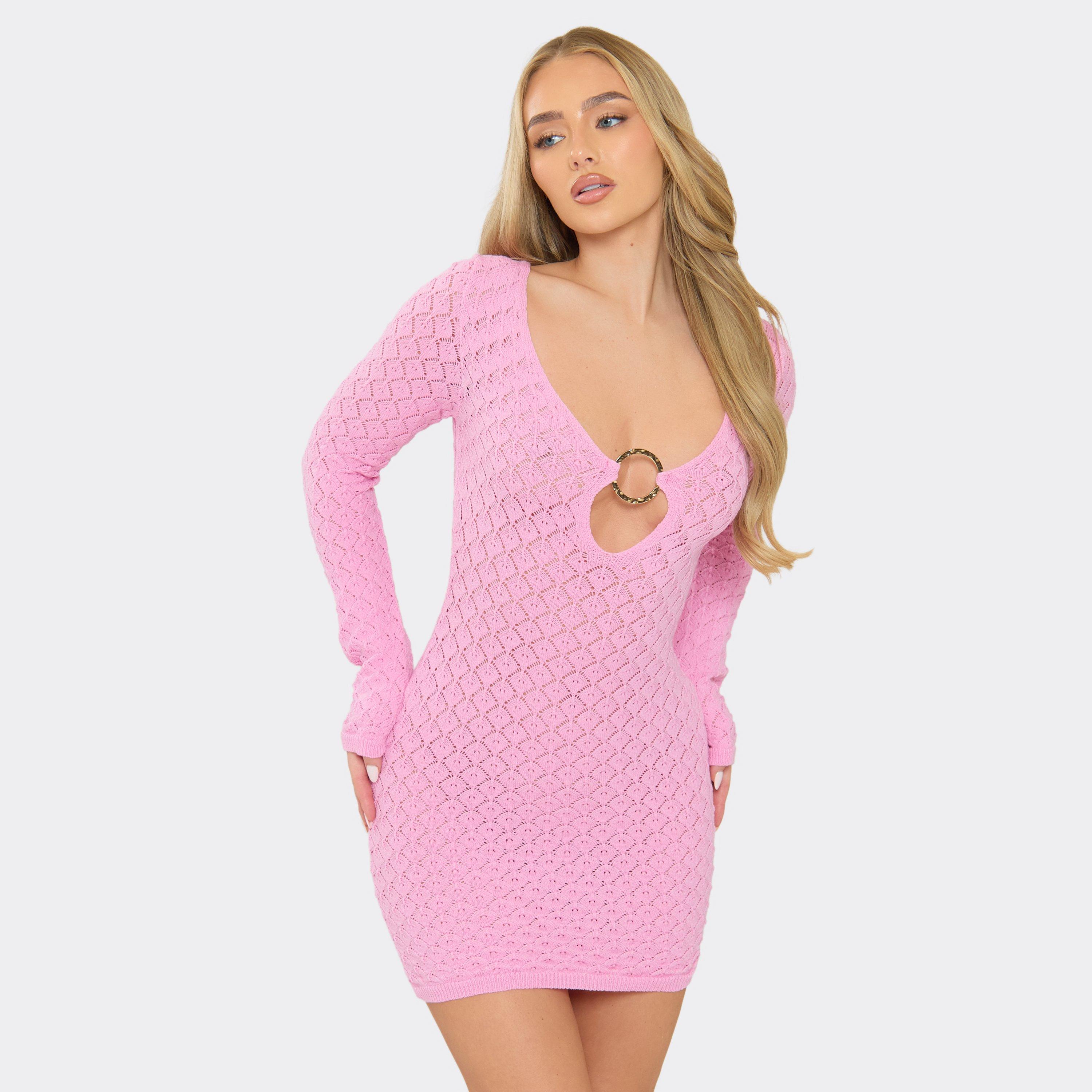 Long Sleeve Trim Detail Mini Dress In Pink Crochet Knit, Women’s