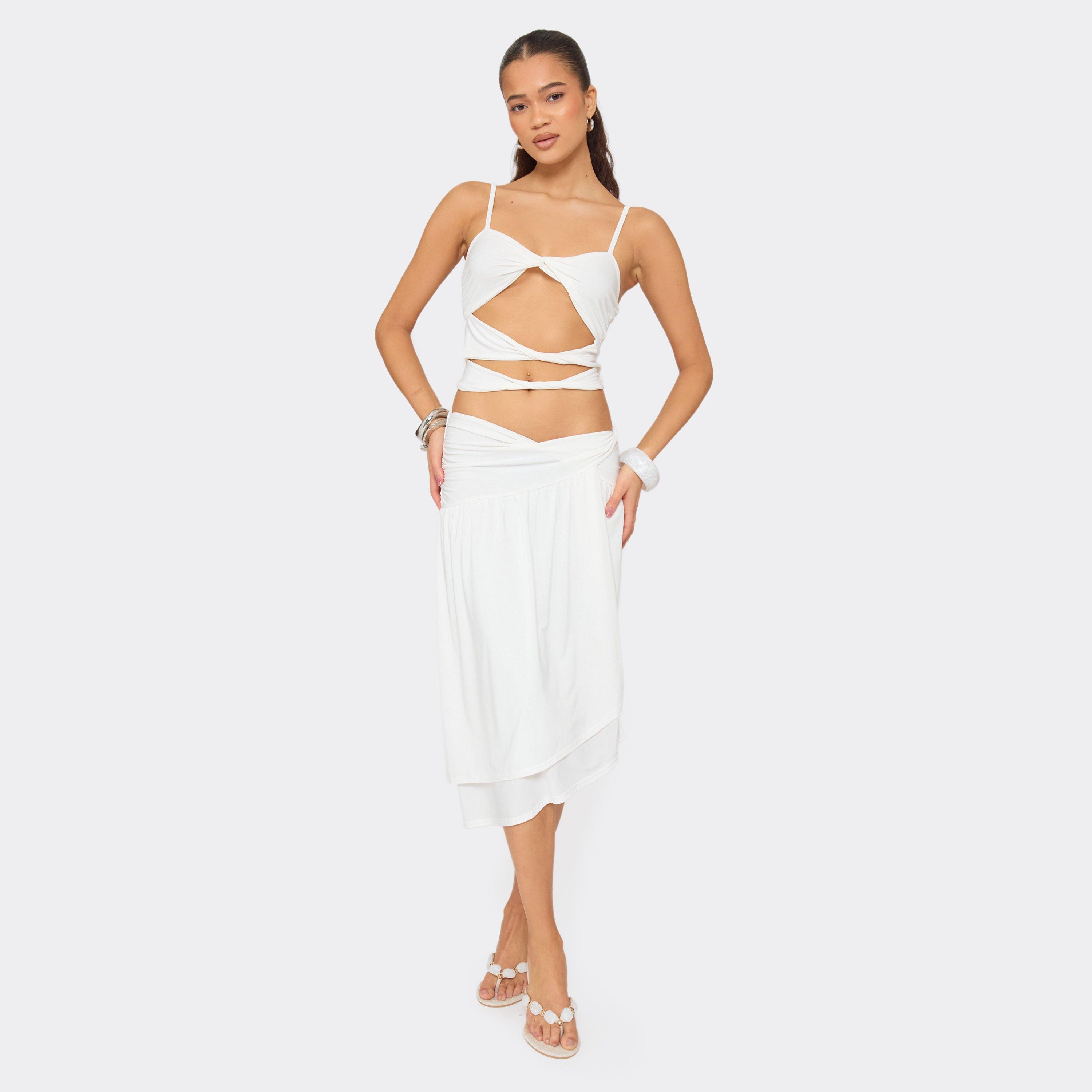 Low Rise Side Split Detail Midi Skirt In White, Women’s