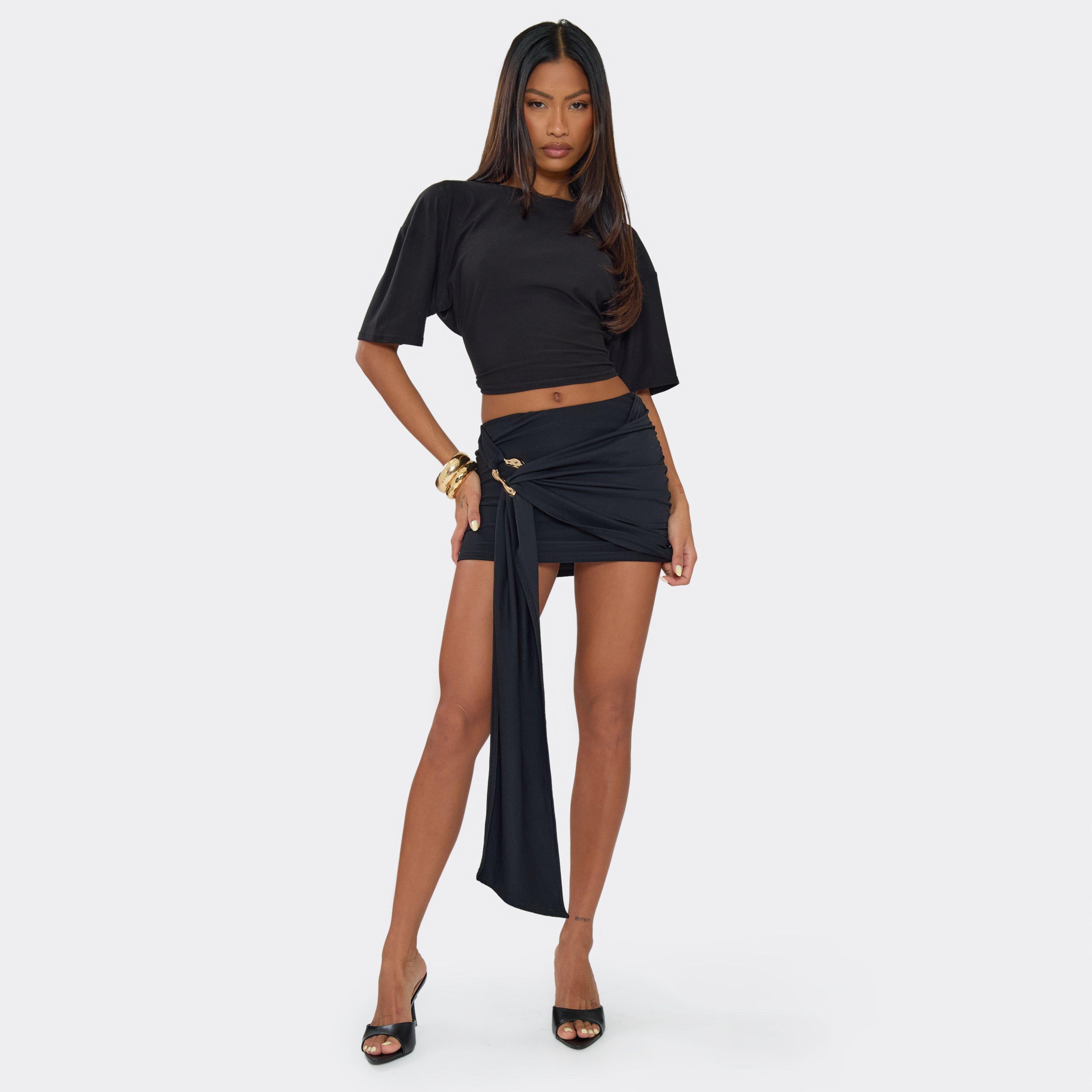Trim Detail Draped Front Mini Skirt In Black, Women’s