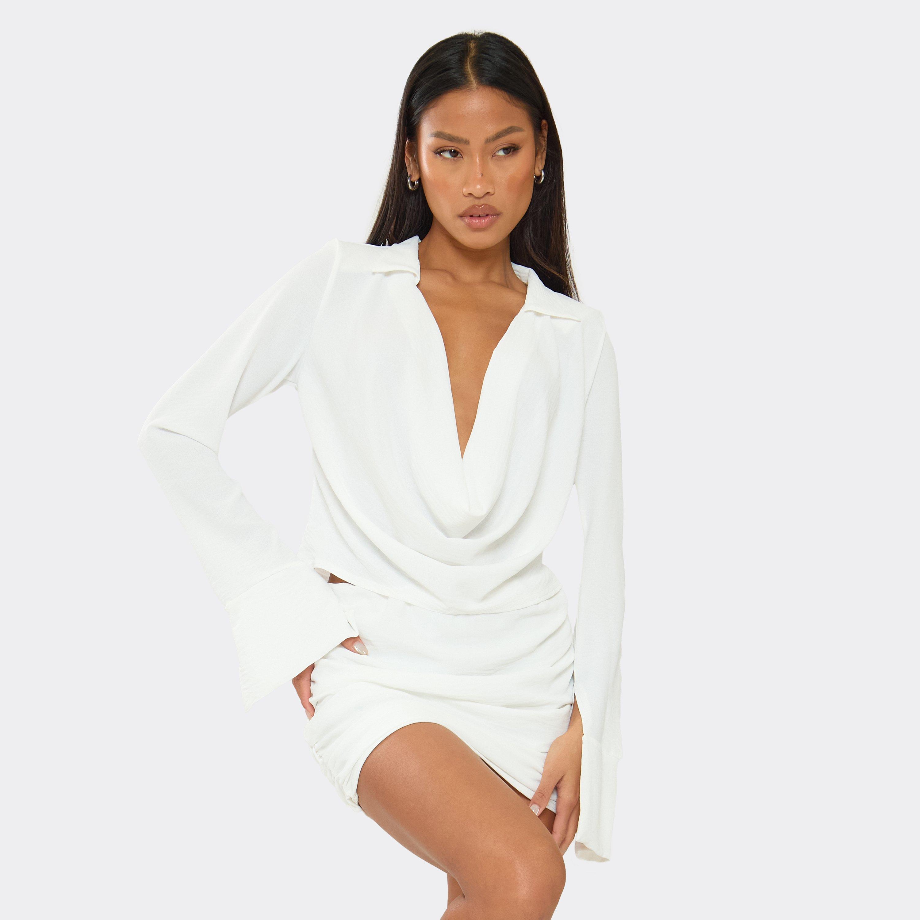 Image of Long Sleeve Cowl Front Collared Top In White Textured, Women's