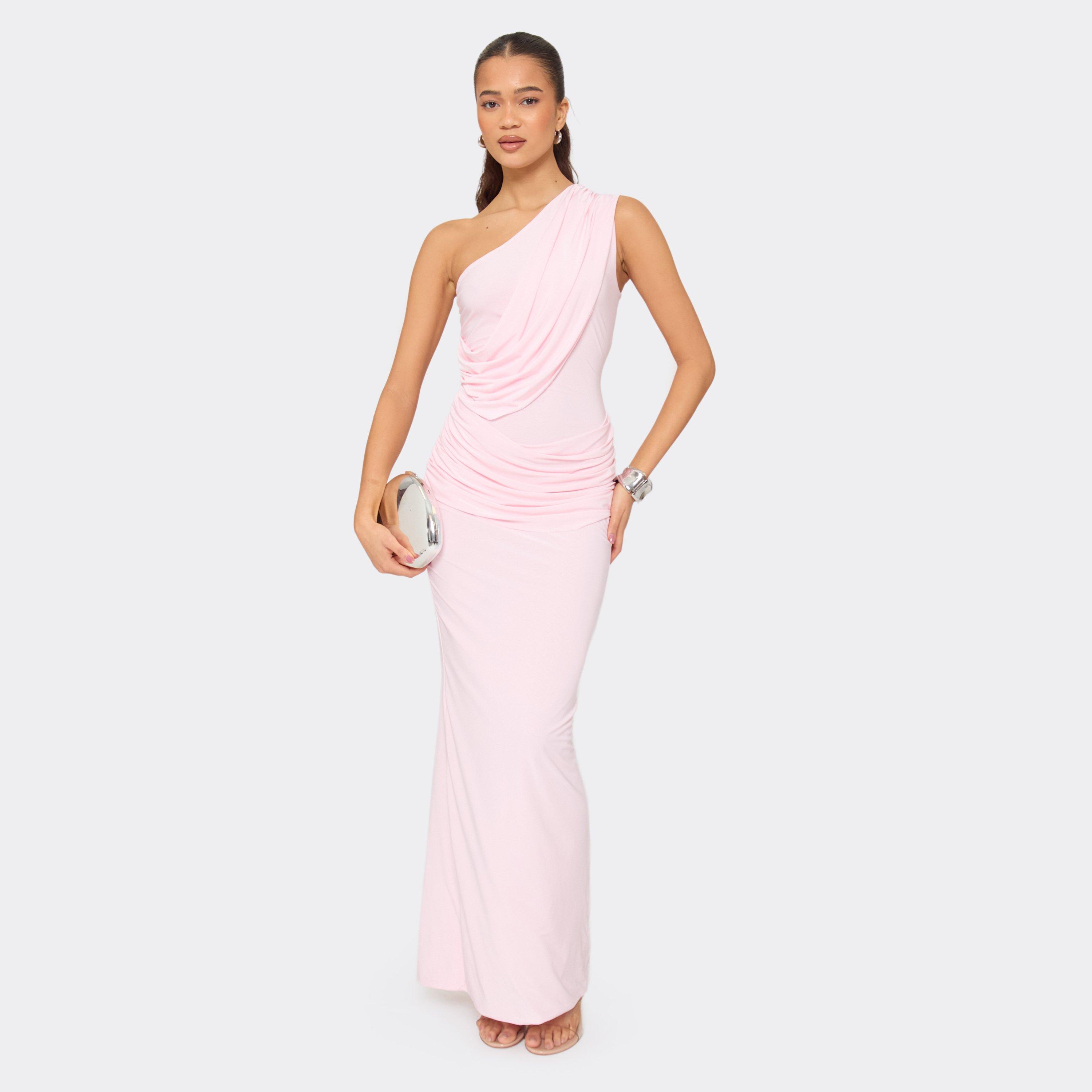 One Shoulder Cowl Front Maxi Dress In Baby Pink, Women's Size UK 4