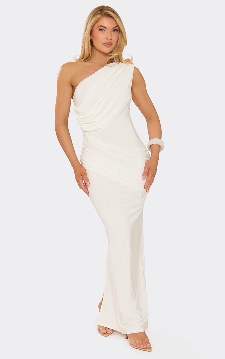 open lace back dress Lights On One-Shoulder Ruffle Hem Maxi Dress White