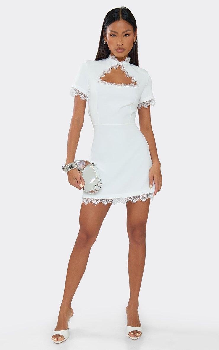 short white lace dress A Line Cap Sleeves Homecoming with Open Back Promnova Unzip the back Elegant Short White Knee-length Lace