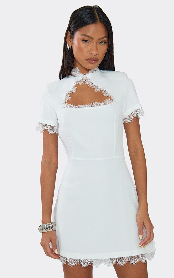 Short Sleeve Cut Out Lace Trim A-Line Mini Dress In White | EGO US