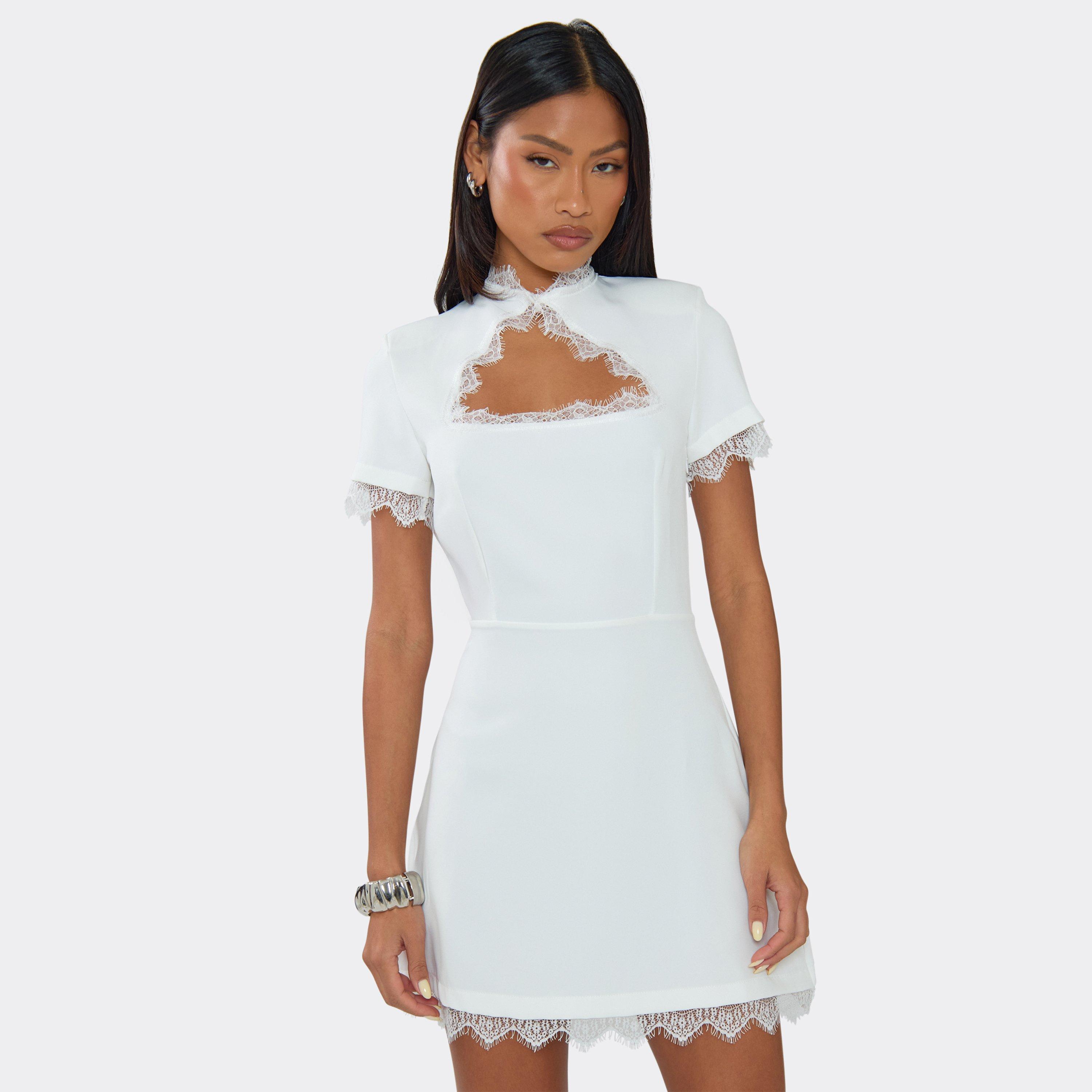 Short Sleeve Cut Out Lace Trim A-Line Mini Dress In White, Women’s