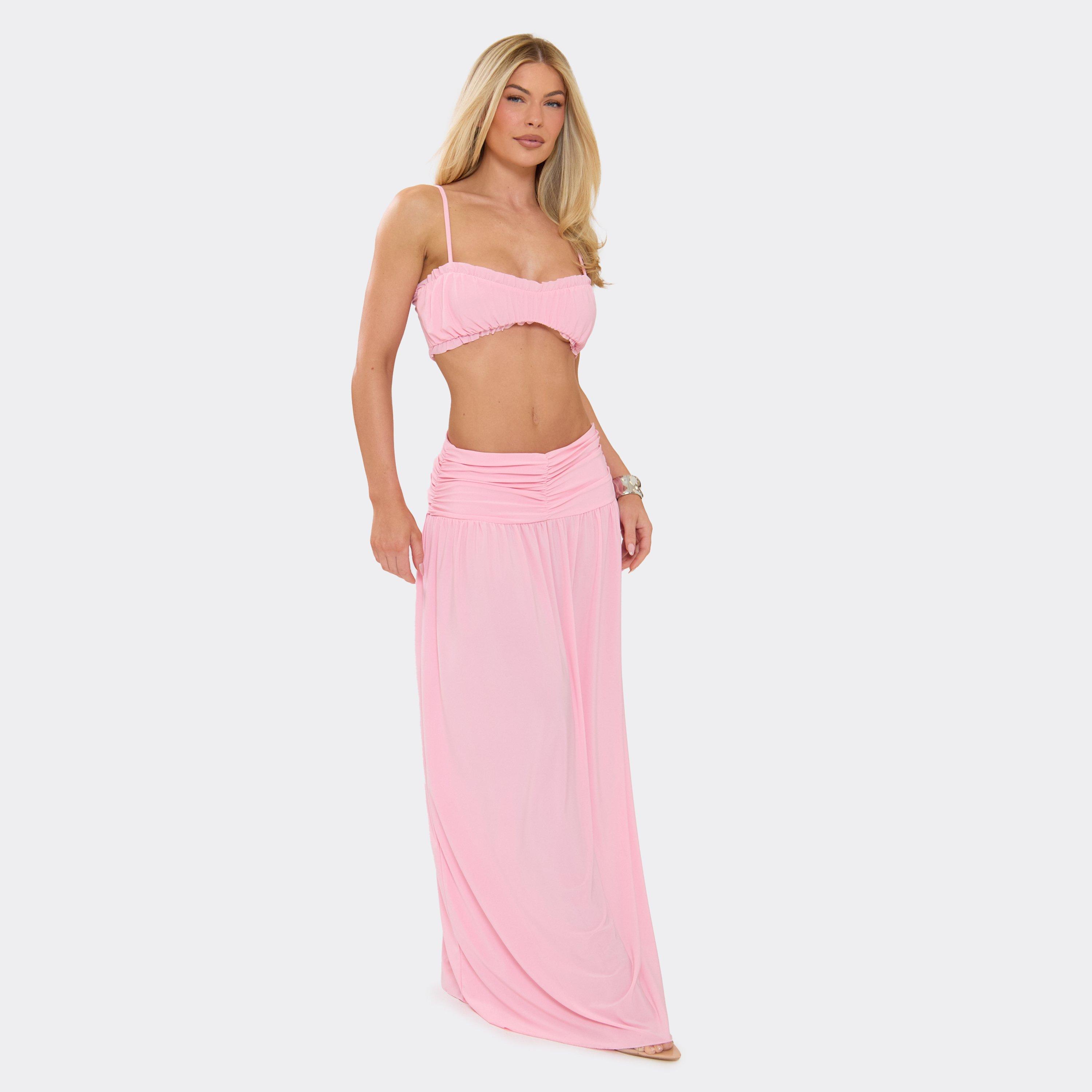 Mid Waist Ruched Waistband Maxi Skirt In Pink, Women’s
