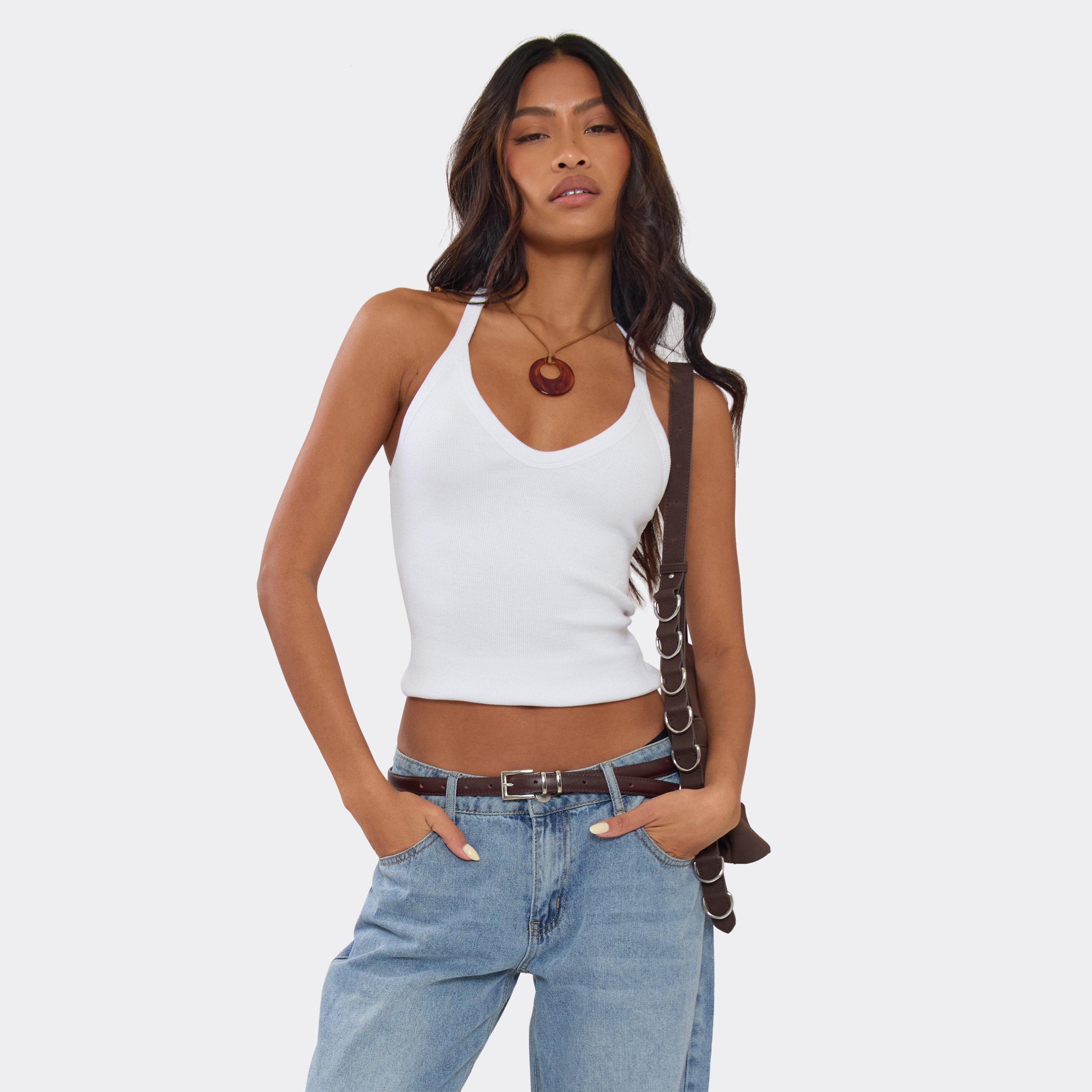 Image of Plunge Halterneck Basic Top In White Ribbed, Women's