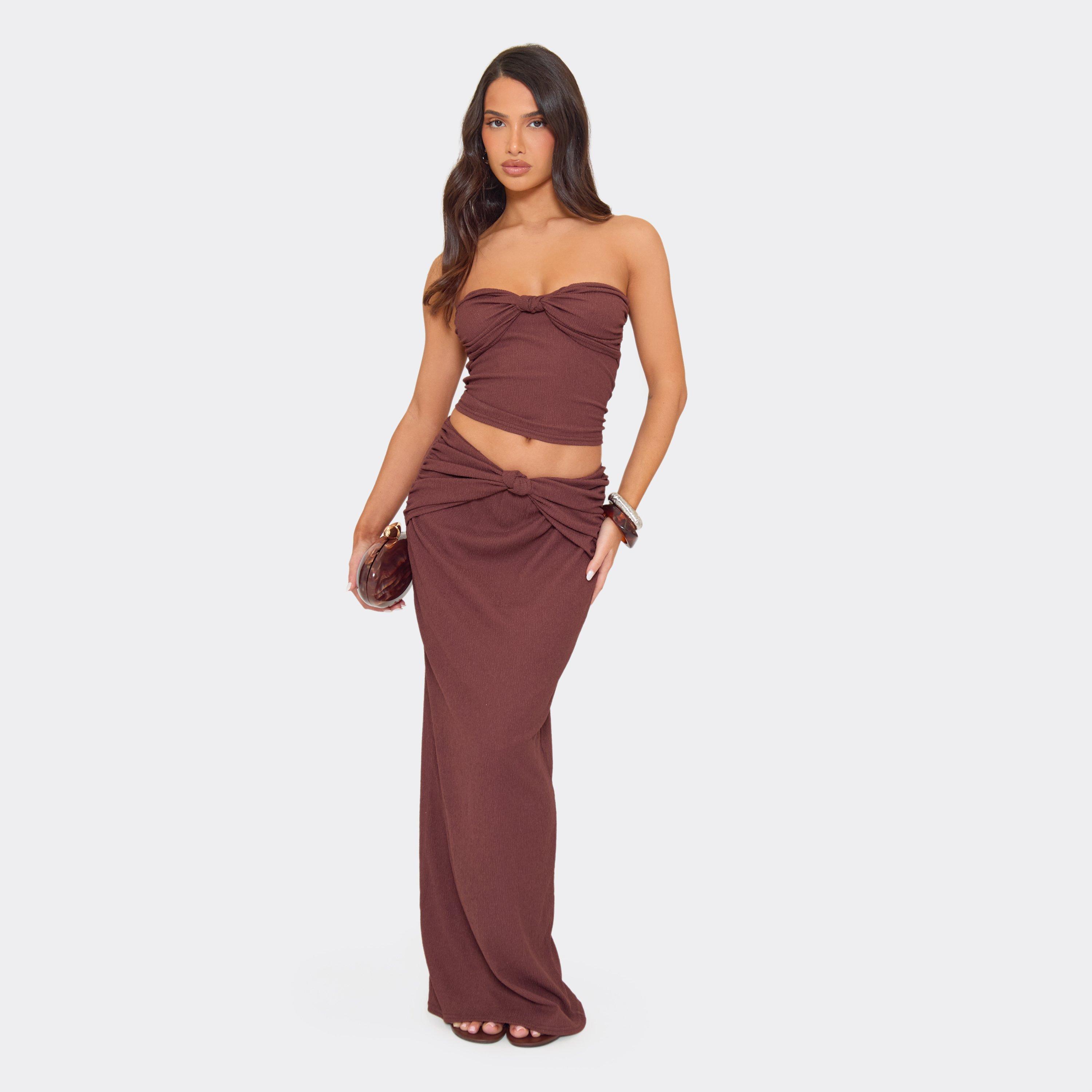 Mid Rise Knot Front Detail Maxi Skirt In Chocolate Brown, Women’s