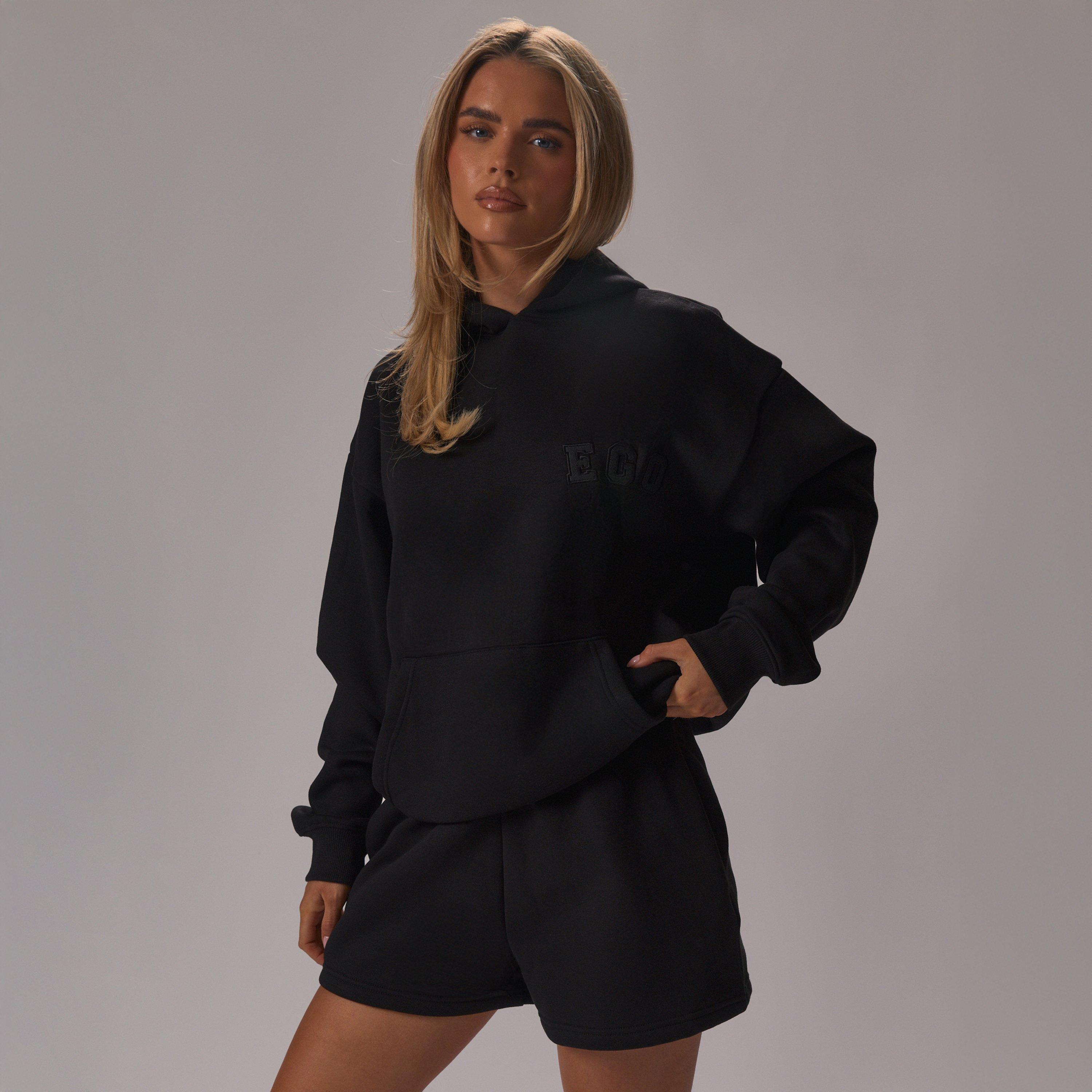 Elasticated Waist Ego Graphic Detail Sweat Shorts In Black, Women’s