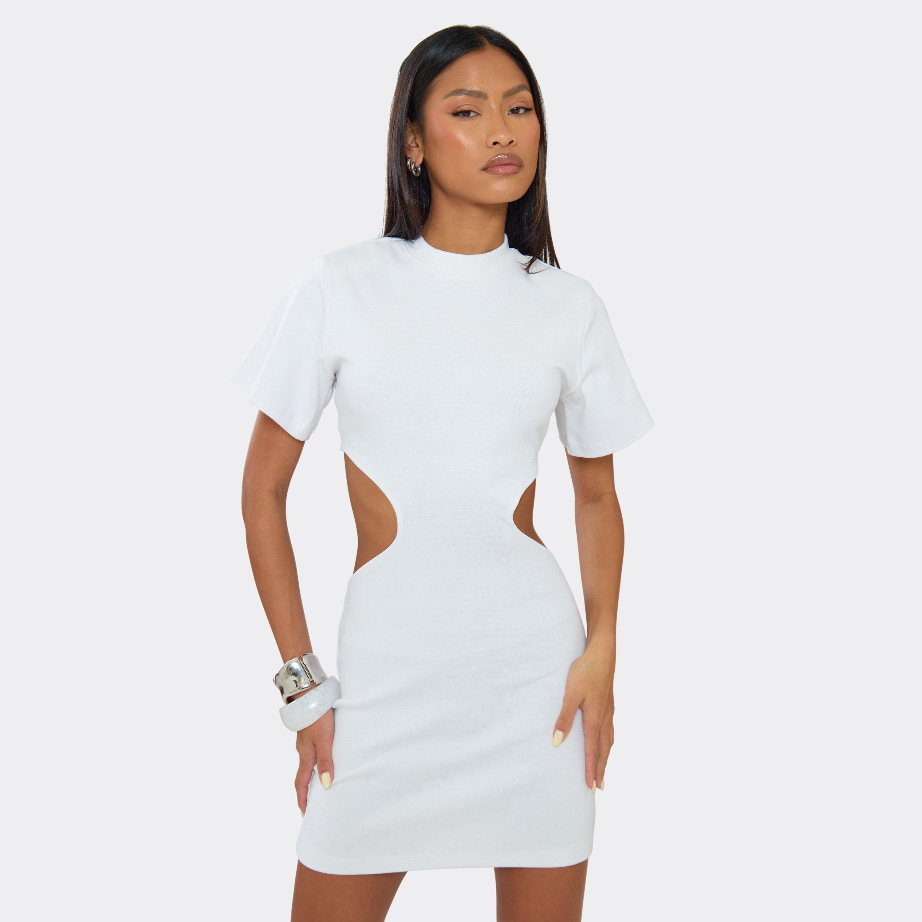 Short Sleeve Shoulder Pad Cut Out Mini T-Shirt Dress In White, Women's Size UK 6
