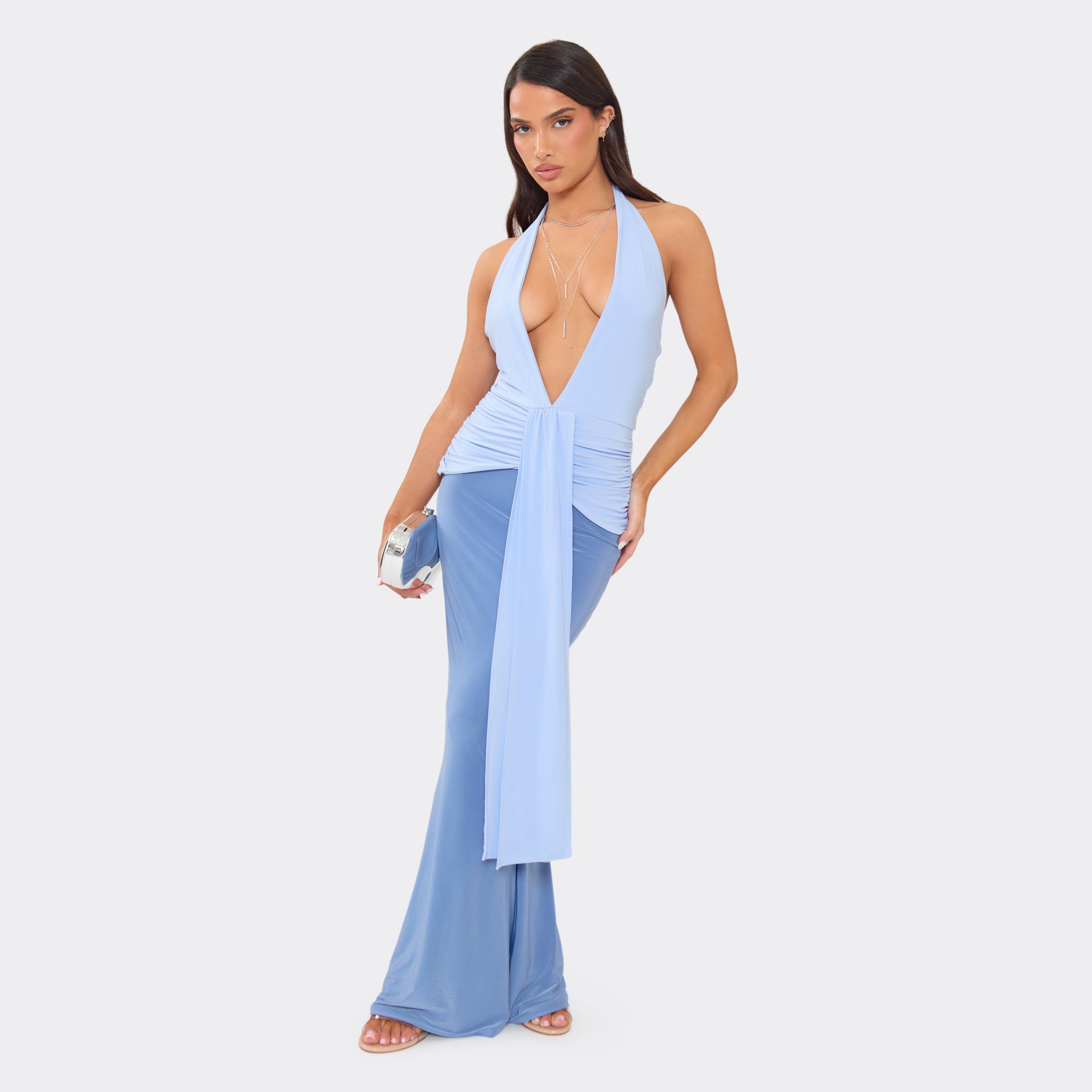 Plunge Halterneck Drape Front Ruched Contrast Maxi Dress In Blue, Women’s