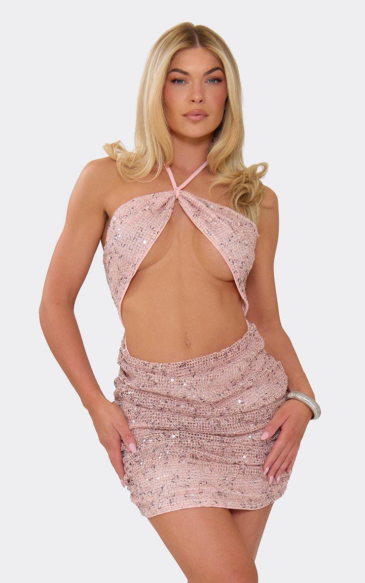 Halterneck Cut Out Front Ruched Mini Dress In Pink Textured Glitter | EGO  US | EGO