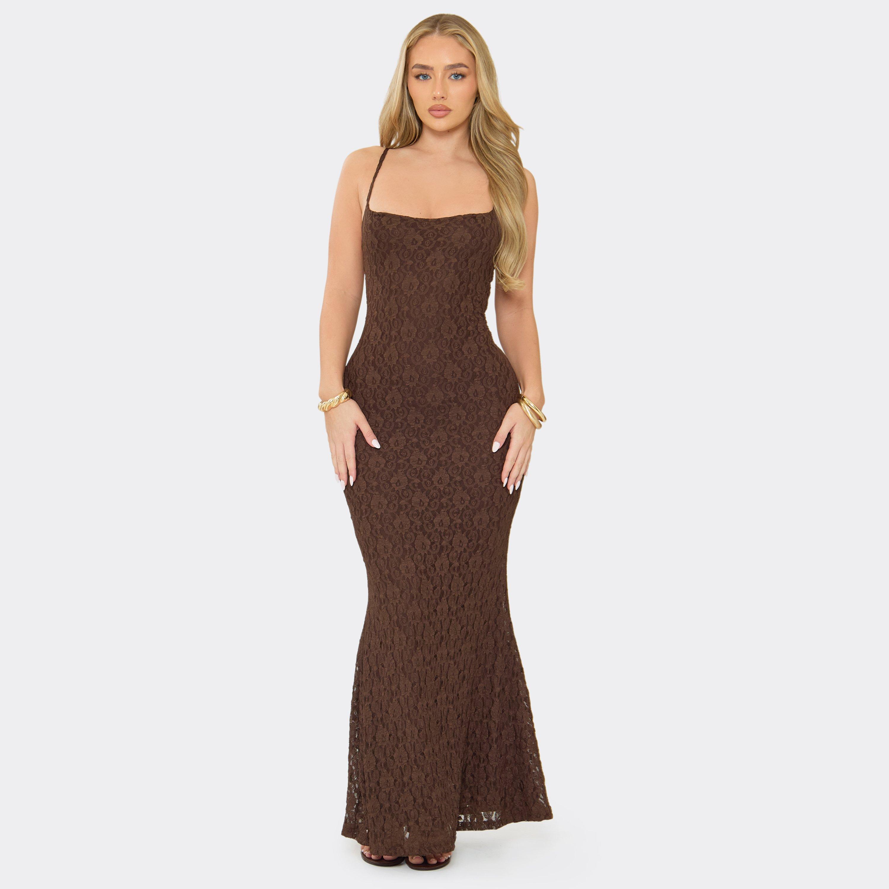 Strappy Maxi Dress In Brown Lace, Women's Size UK 6