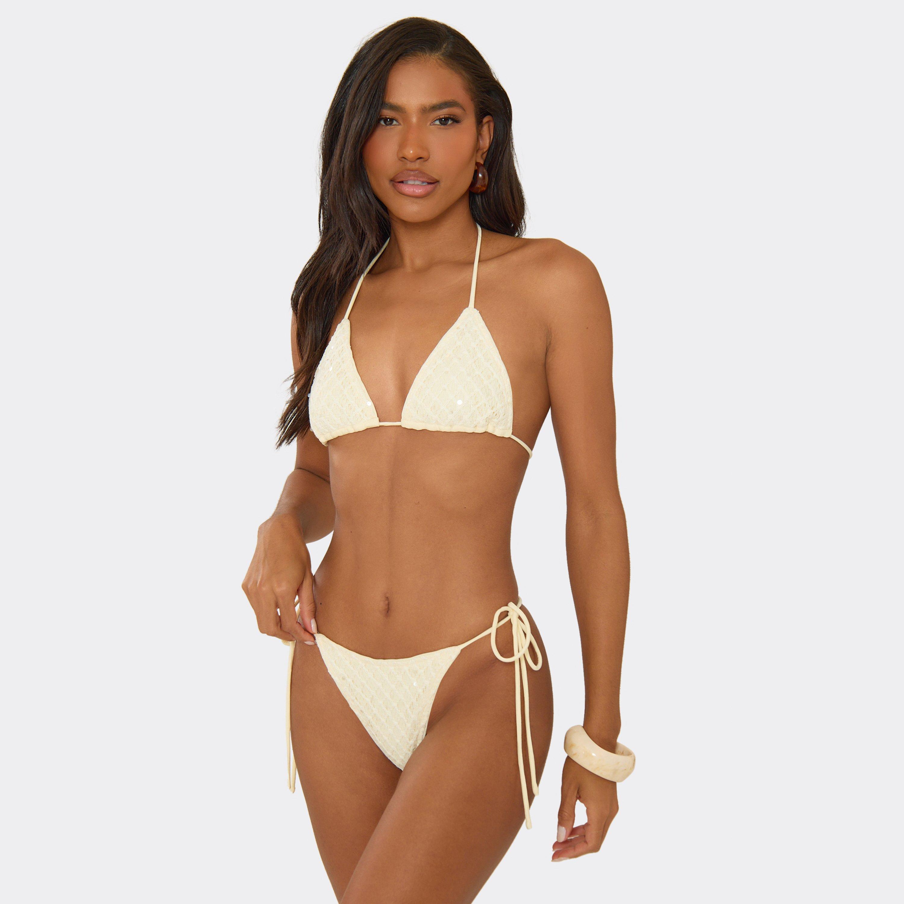 Triangle Bikini Set In Cream Sequin Crochet, Women's Size UK 14