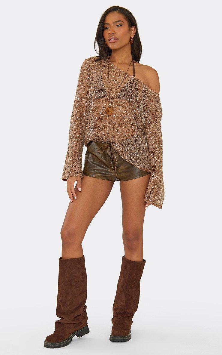 Off The Shoulder Long Sleeve Top In Brown Sequin Crochet. | EGO US